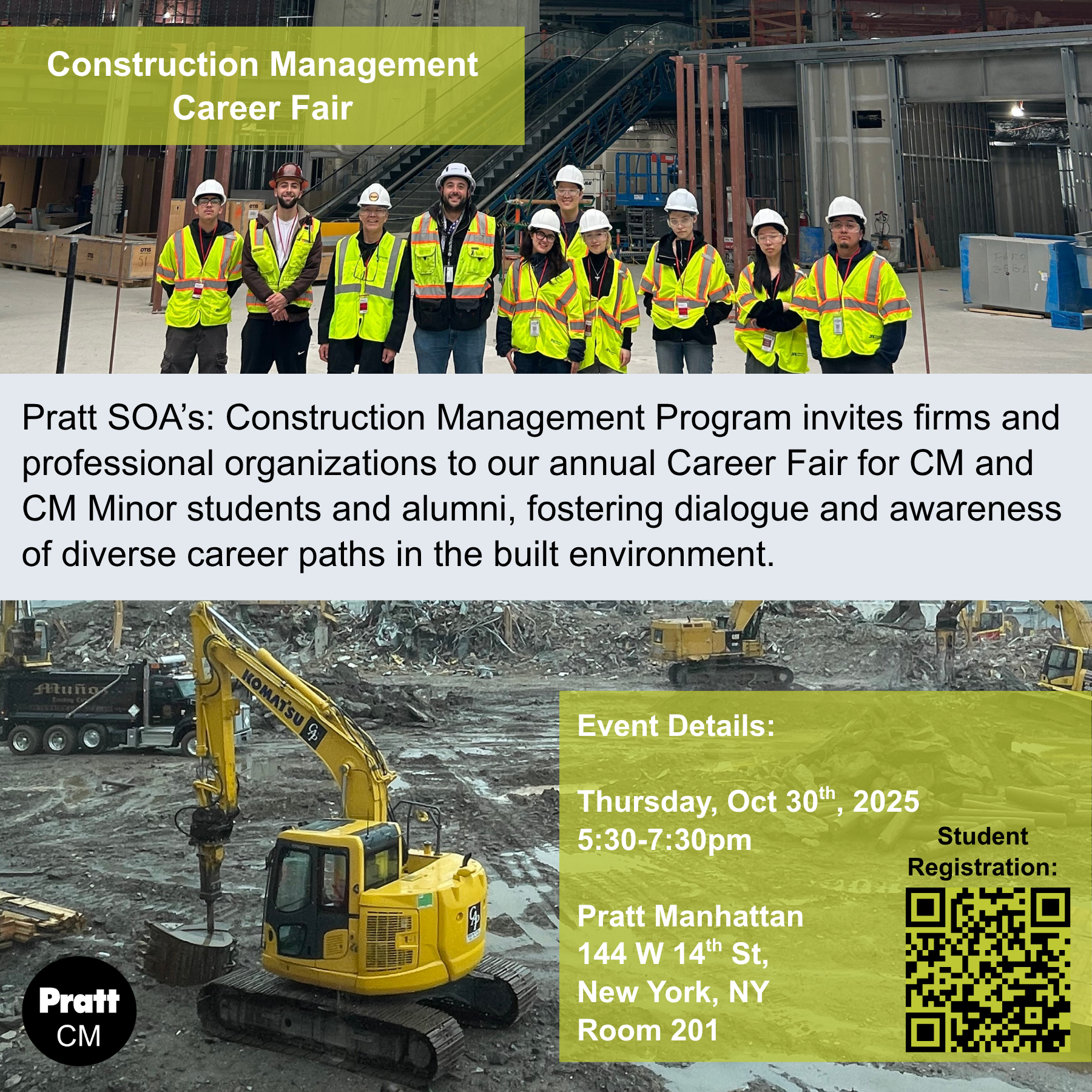 A group of eleven people wearing hard hats and safety vests stands smiling in a construction environment. Behind them, construction equipment and materials are visible. Below the group, there is detailed information about the Pratt SOA Construction Management Career Fair, including the date, time, location, and student registration QR code. The setting suggests an active construction site.