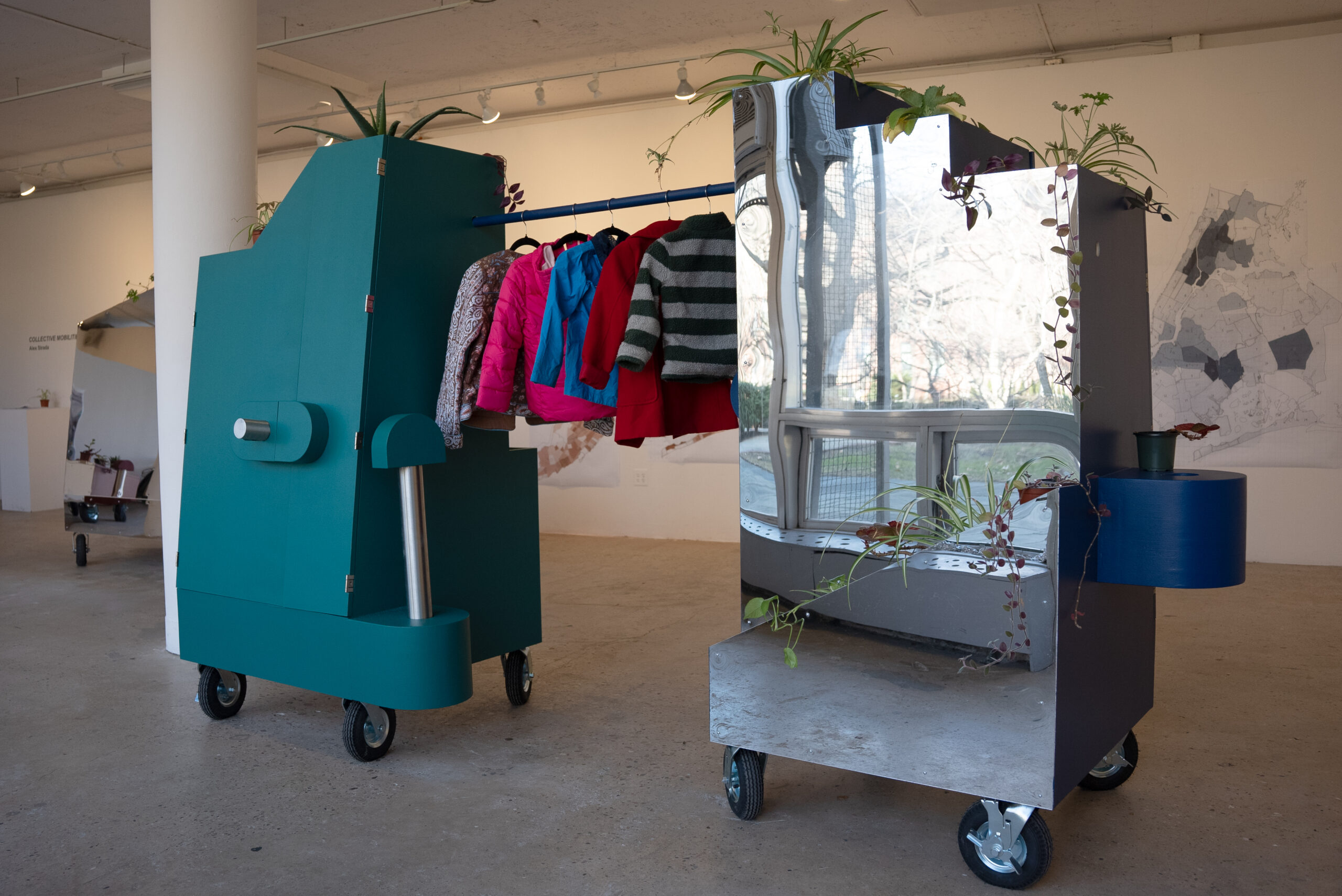 Image of mobile, from Collective Mobilities, with clothing donations. Courtesy Alex Strada