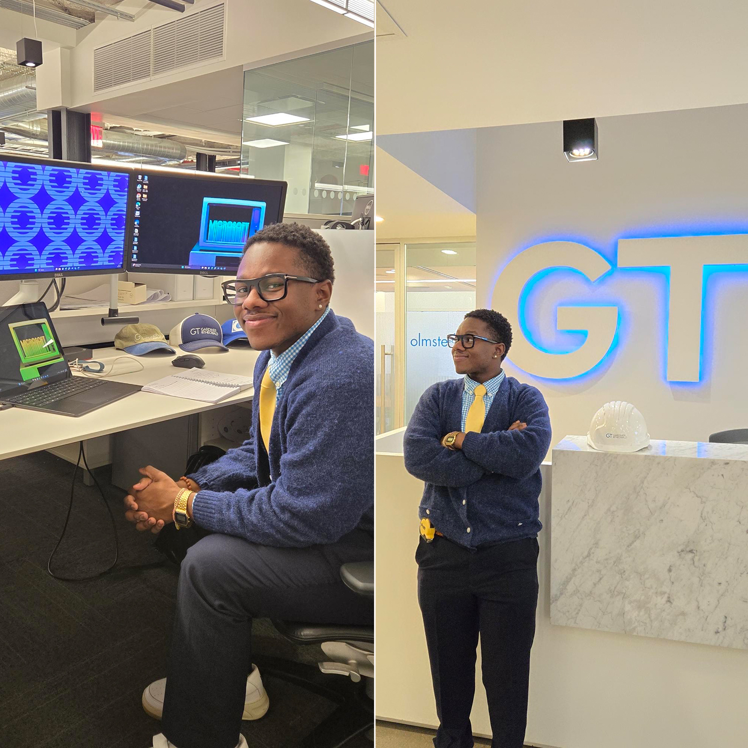 A young man in glasses is sitting at an office desk, smiling at the camera. He is dressed in a blue cardigan, checkered shirt, and yellow tie, with dark pants and white sneakers. In the background, there are two computer monitors with colorful wallpapers. The second image shows him standing confidently with his arms crossed at a reception area featuring a marble counter and a large illuminated sign displaying "GT." A white hard hat is placed on the counter.