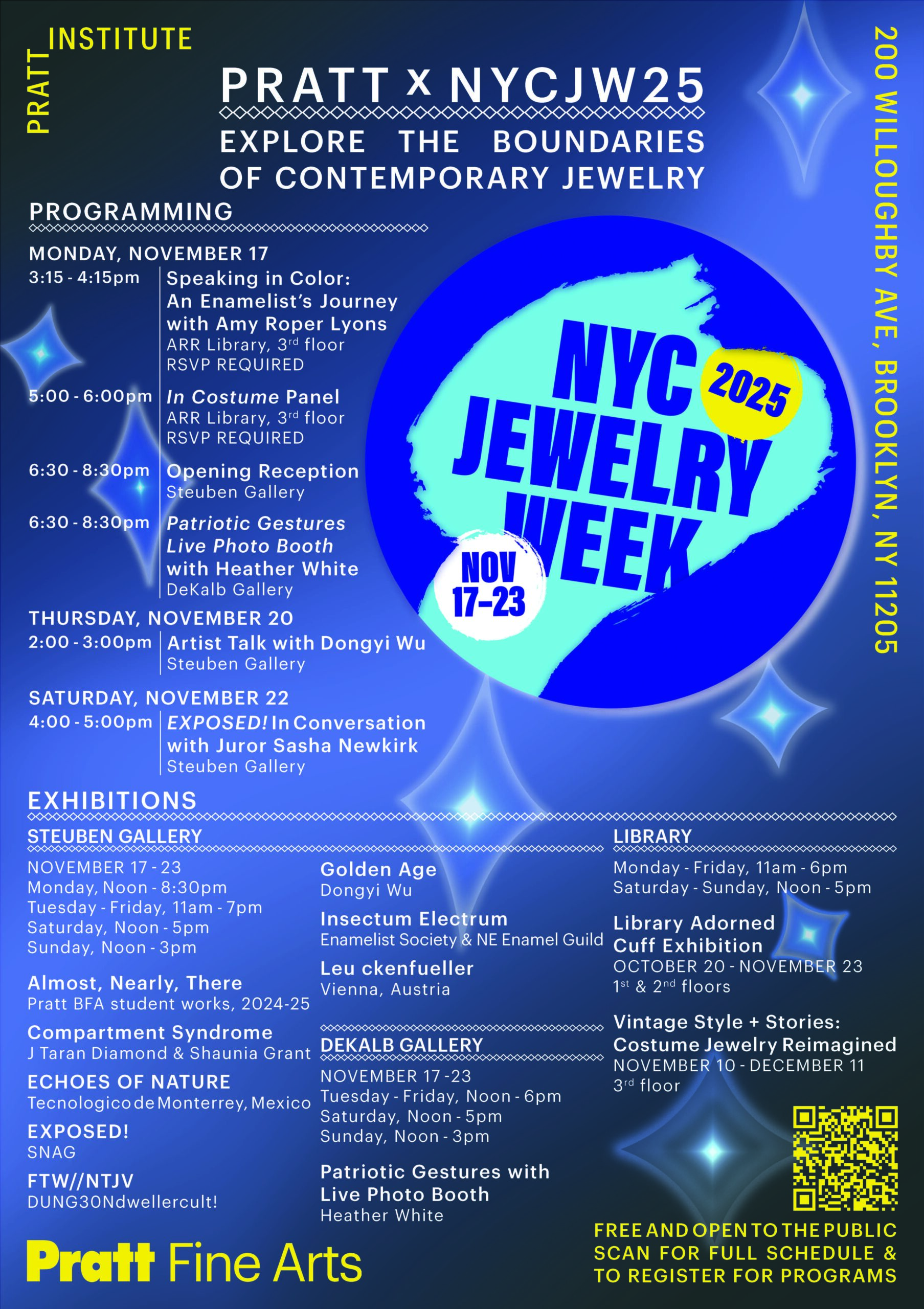 A colorful promotional poster for NYC Jewelry Week 2025 at Pratt Institute. It features event details including programming dates, panel discussions, and exhibitions from November 17 to 23. Key events include talks, an opening reception, and art displays in various galleries. Additionally, it highlights exhibitions related to contemporary jewelry and provides schedule information for visiting galleries. Contact details and a QR code for registration are included at the bottom.