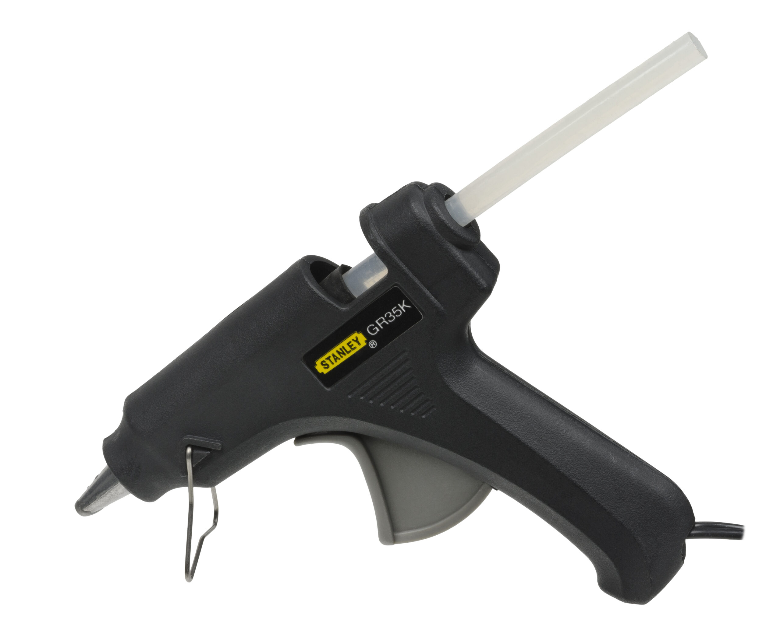 A black glue gun holding a stick of unmelted glue