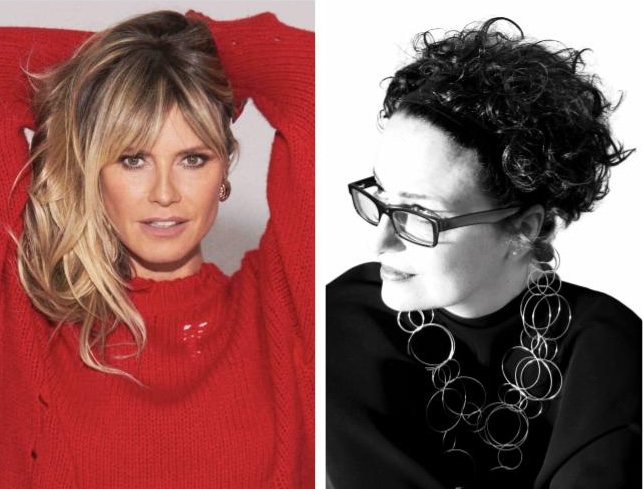 A split image features two women. The left side shows a woman with long, blonde hair wearing a red sweater, striking a direct pose while pulling her hair back. The right side portrays a woman with short, curly black hair wearing dark glasses and layered earrings, looking sideways with a thoughtful expression while wearing a black top.