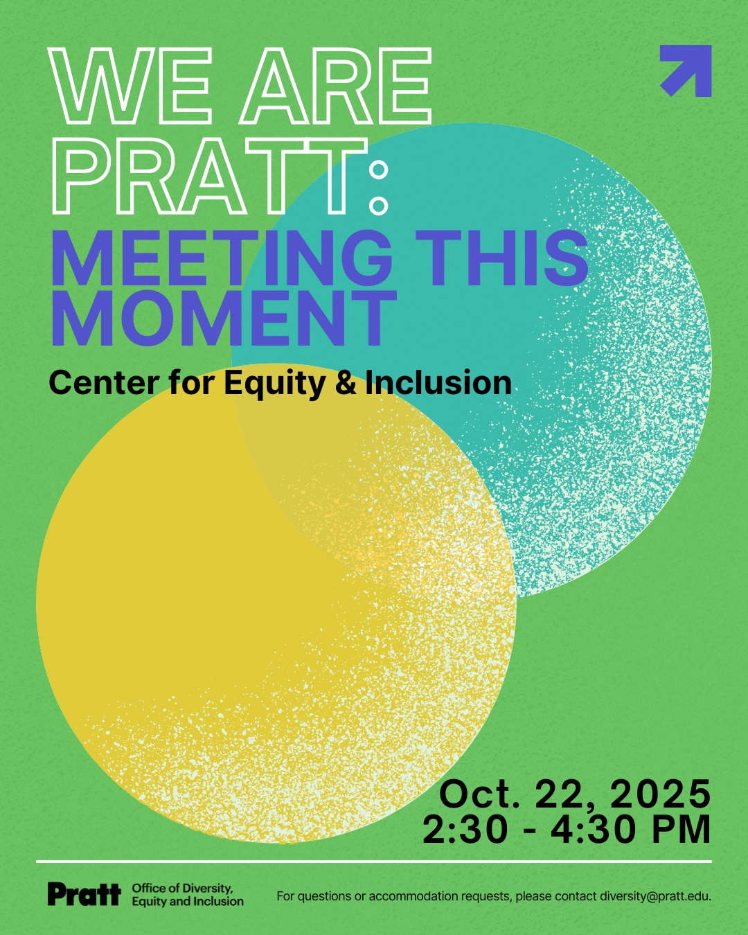 A graphic event poster with a green background and two overlapping textured circles, one yellow and one blue. Bold text at the top reads: