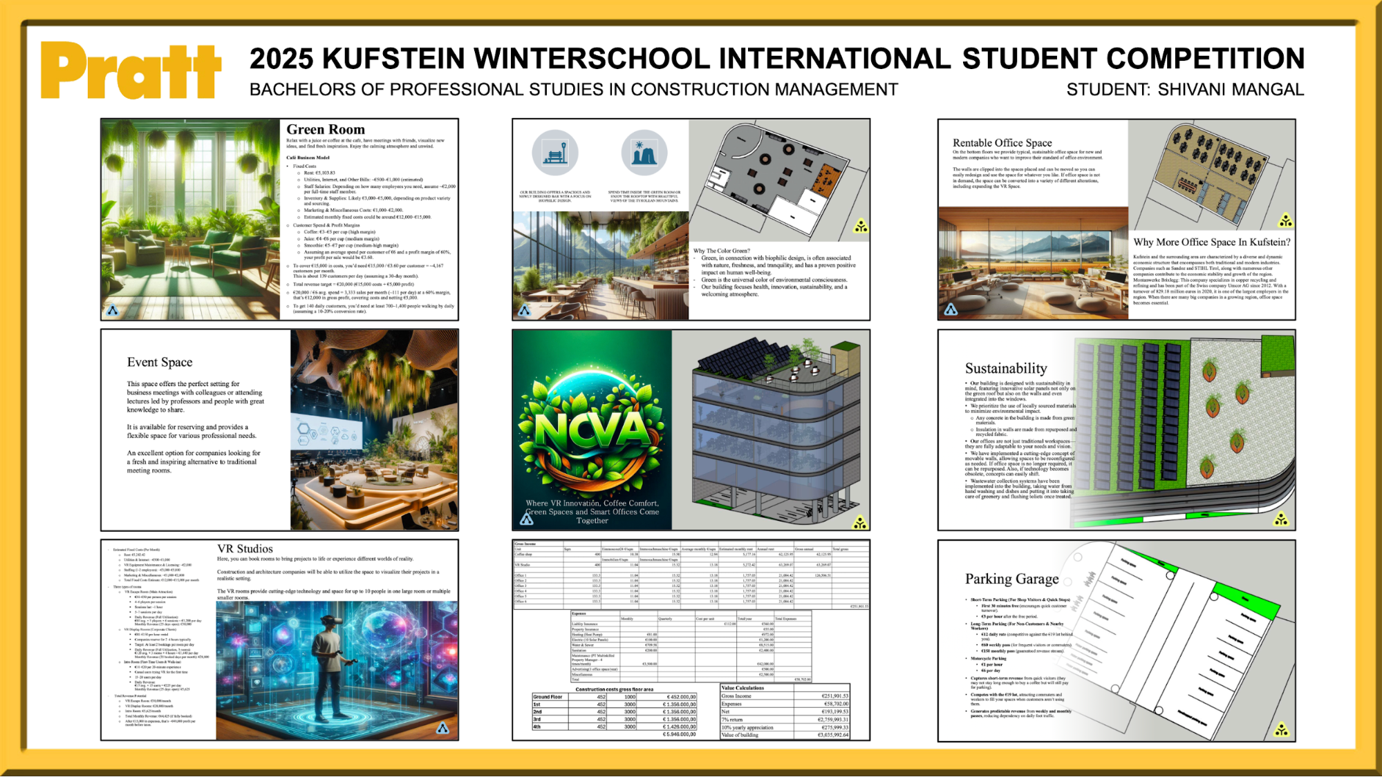 A presentation poster titled “2025 Kufstein Winterschool Student Competition – Master of Science in Facilities Management” by Wasique Safin, showing slides on campus sustainability initiatives, renewable energy generation, cost-benefit analysis, and eco-community engagement.