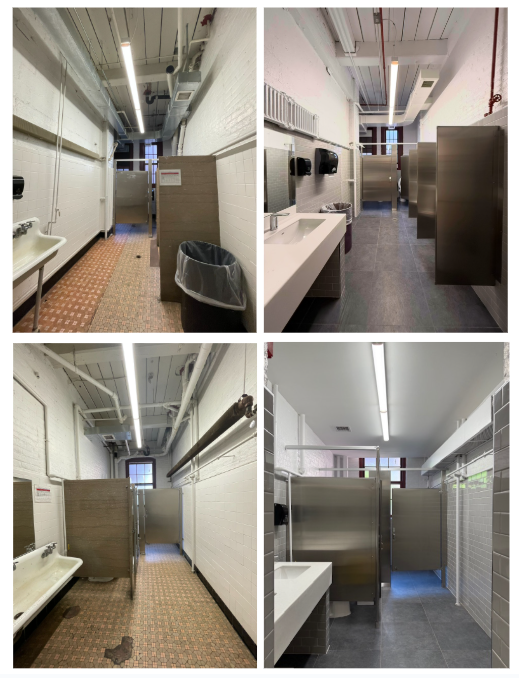 Four images of a bathroom facility layout. The top two images show a hallway with white walls, sinks, and a trash can. The lower two images display bathroom stalls with privacy partitions and modern fixtures, including a sink. The flooring varies, with tile and concrete surfaces visible. Natural light is coming through a window in the background of the right panels.
