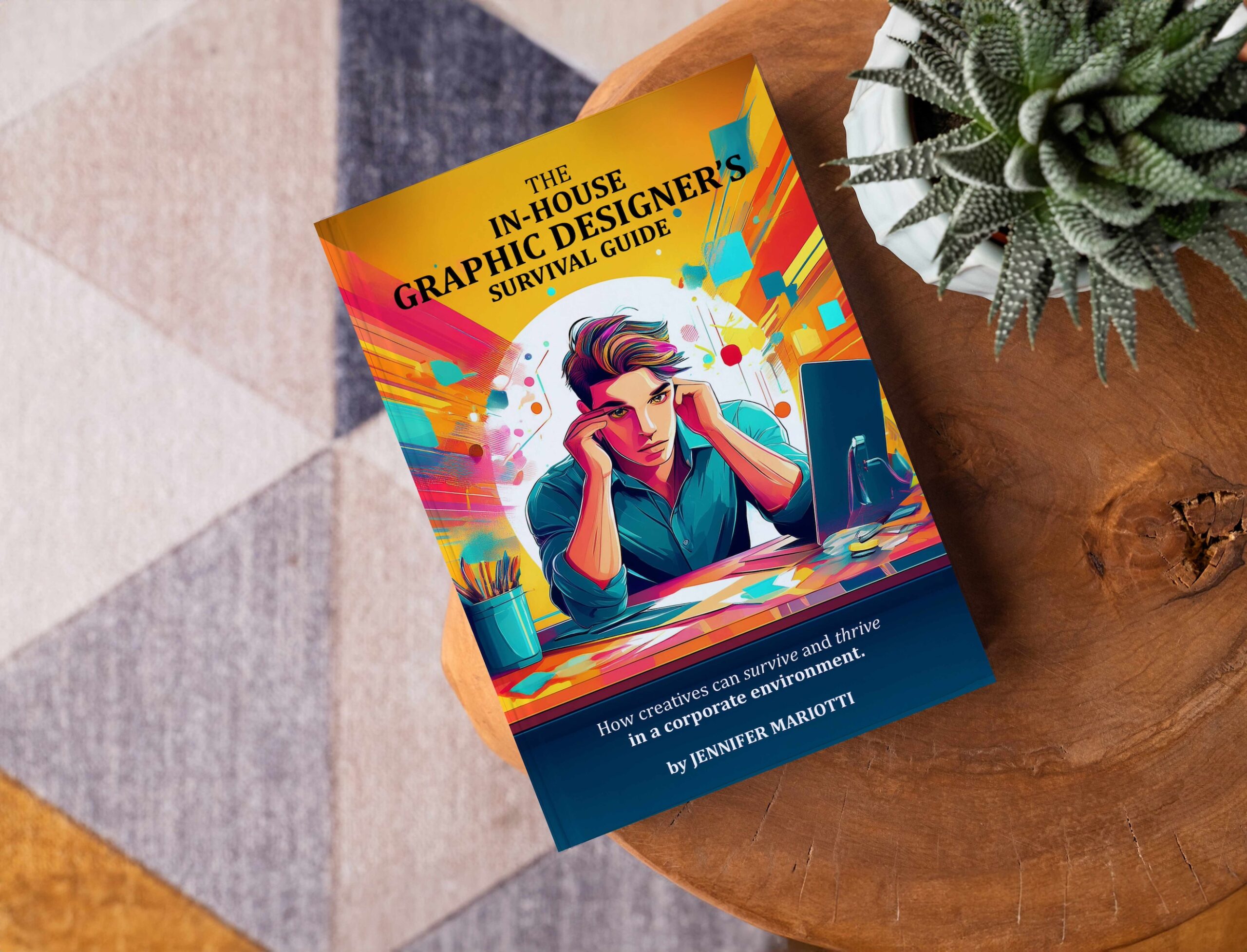 The In-House Graphic Designer's Survival Guide book mockup on coffee table with decorations and colorful rug.