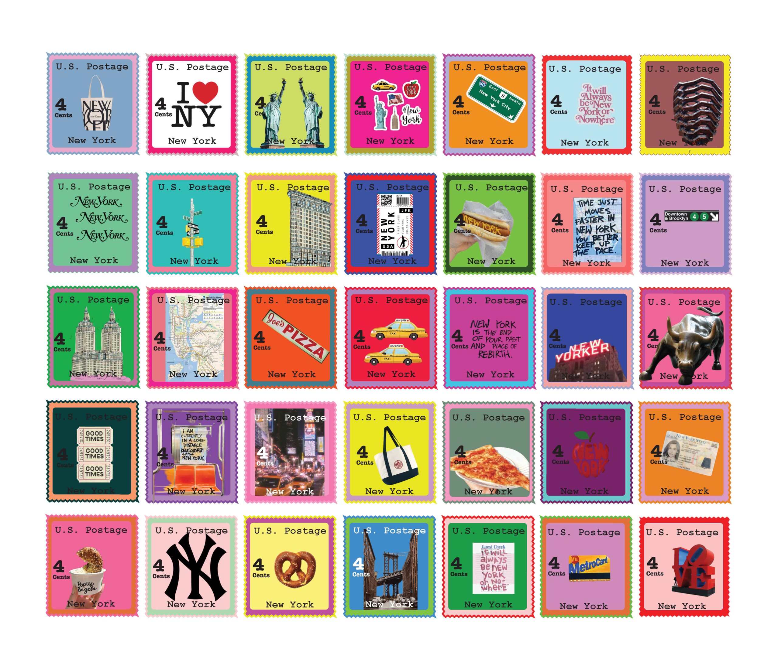 A grid of thirty-five brightly colored mock U.S. postage stamps, each labeled “4 cents” and “New York.” Each stamp features a different New York icon or reference, including: the Statue of Liberty, “I ♥ NY” logo, yellow taxi, subway signage, Empire State Building, hot dogs, pretzels, pizza slices, MetroCard, the Wall Street Charging Bull, maps, skyline photos, bodegas, bagels, “Good Times” signage, and cultural phrases relating to New York City. The stamps are arranged in five rows with varied background colors such as blue, green, pink, yellow, orange, and purple.