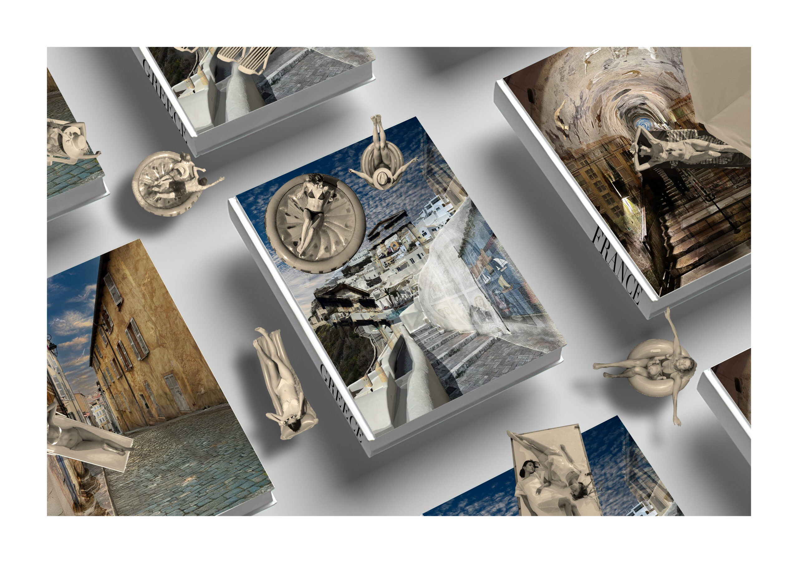 A digital collage showing multiple hardcover books laid out on a diagonal grid. Each book cover features photographic scenes of European architecture, including stone streets, whitewashed buildings, and staircases. Small grayscale 3D figures—people posed in swimming, reclining, or diving positions—are placed atop or beside the books. One spine reads “FRANCE” and another “GREECE.” The background is a soft gray with cast shadows that give the arrangement depth.