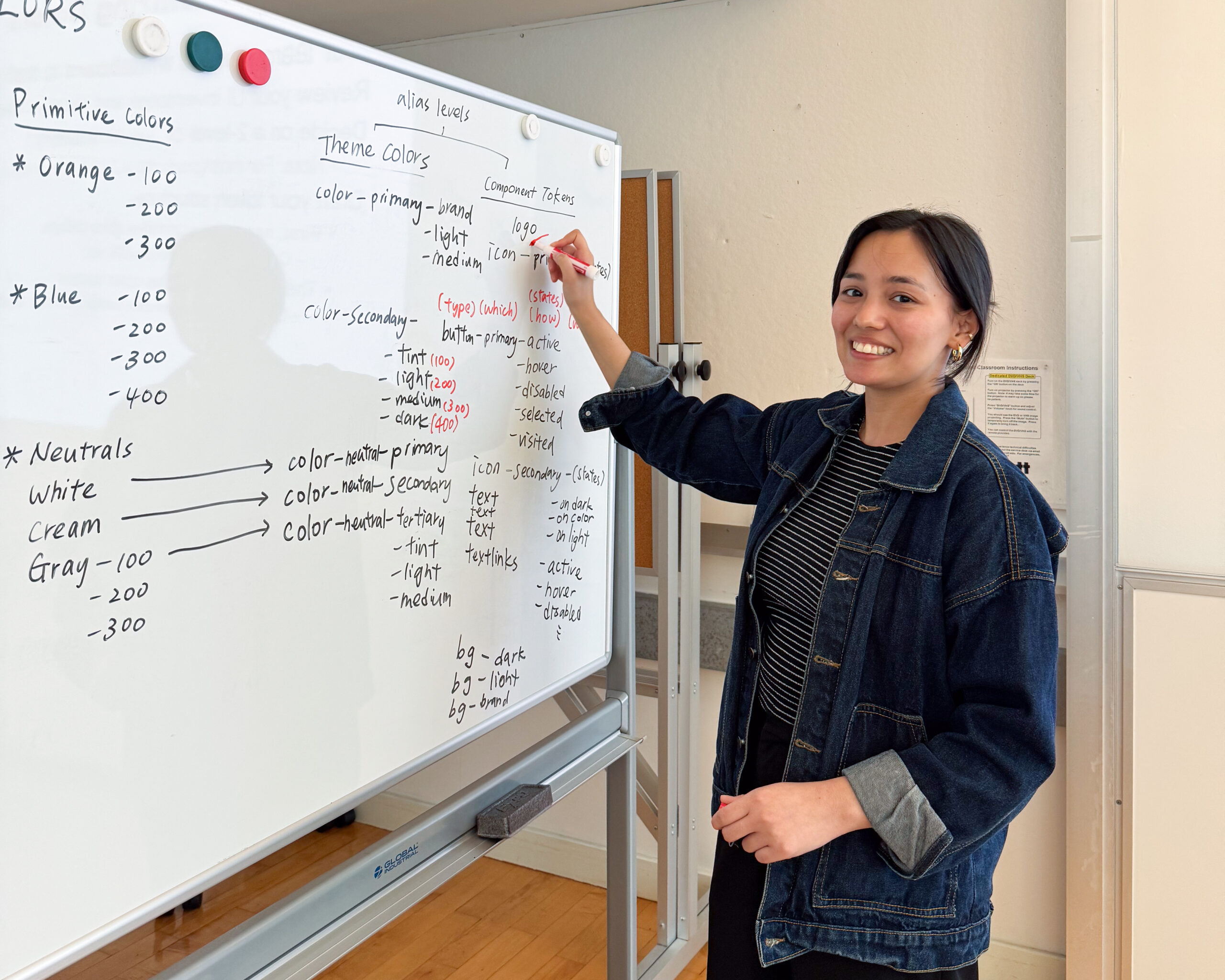 A young woman with dark hair, wearing a denim jacket and a striped shirt, stands next to a whiteboard filled with colorful notes about color schemes and component tokens. She is smiling and writing on the board with a red marker, which outlines themes and various color categories, including primitive and neutral colors. The room has wooden flooring and light-colored walls.