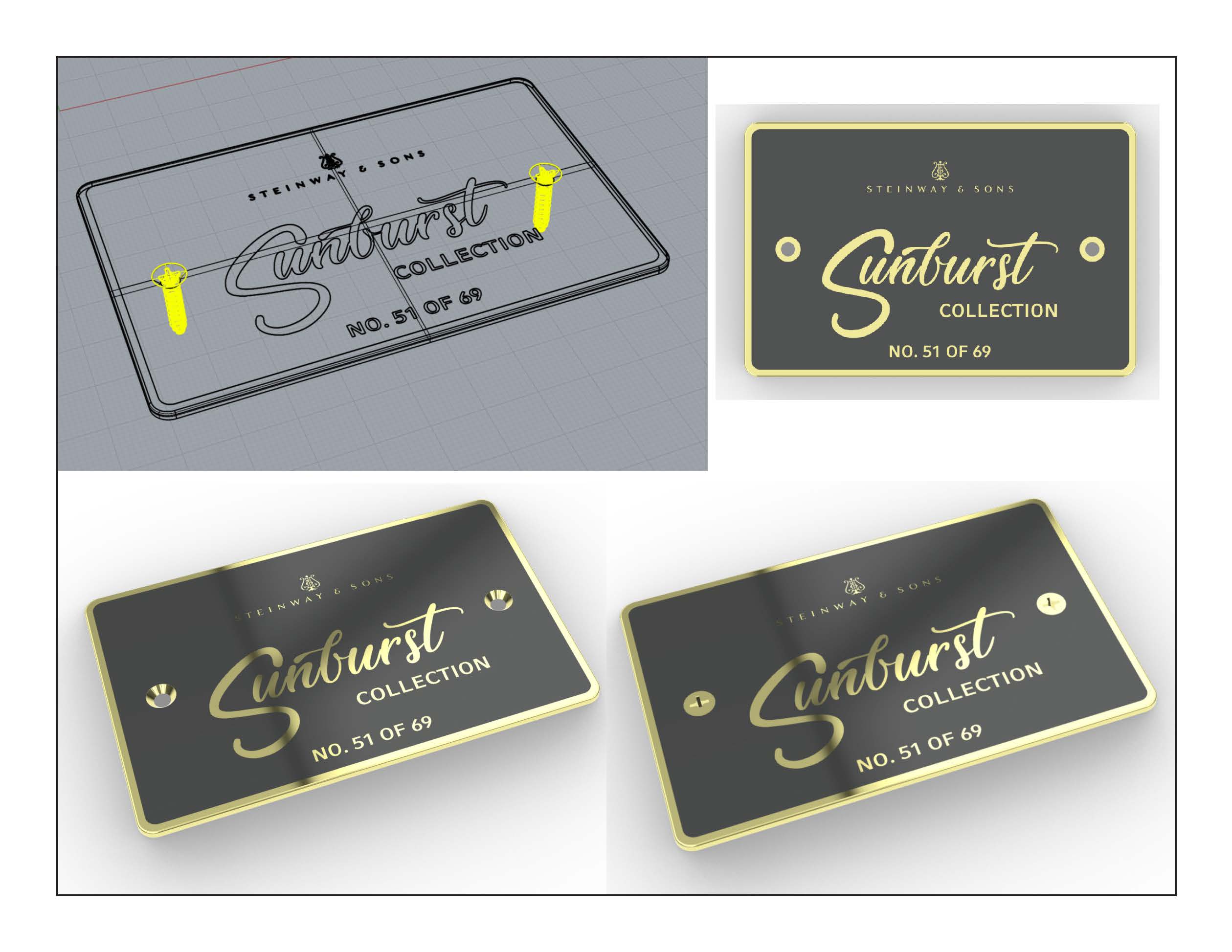 Four-panel layout showing the design development of a brass-and-black metal medallion plaque for Steinway & Sons’ “Sunburst Collection.” Top-left: a CAD wireframe with screw locations marked in yellow. Top-right: a clean rendered flat design featuring gold borders and gold script lettering. Bottom-left and bottom-right: angled 3D renders of the final plaque, showcasing reflective gold trim, engraved type, and a deep black surface. All components emphasize luxury, precision, and limited-edition numbering (“No. 51 of 69”).