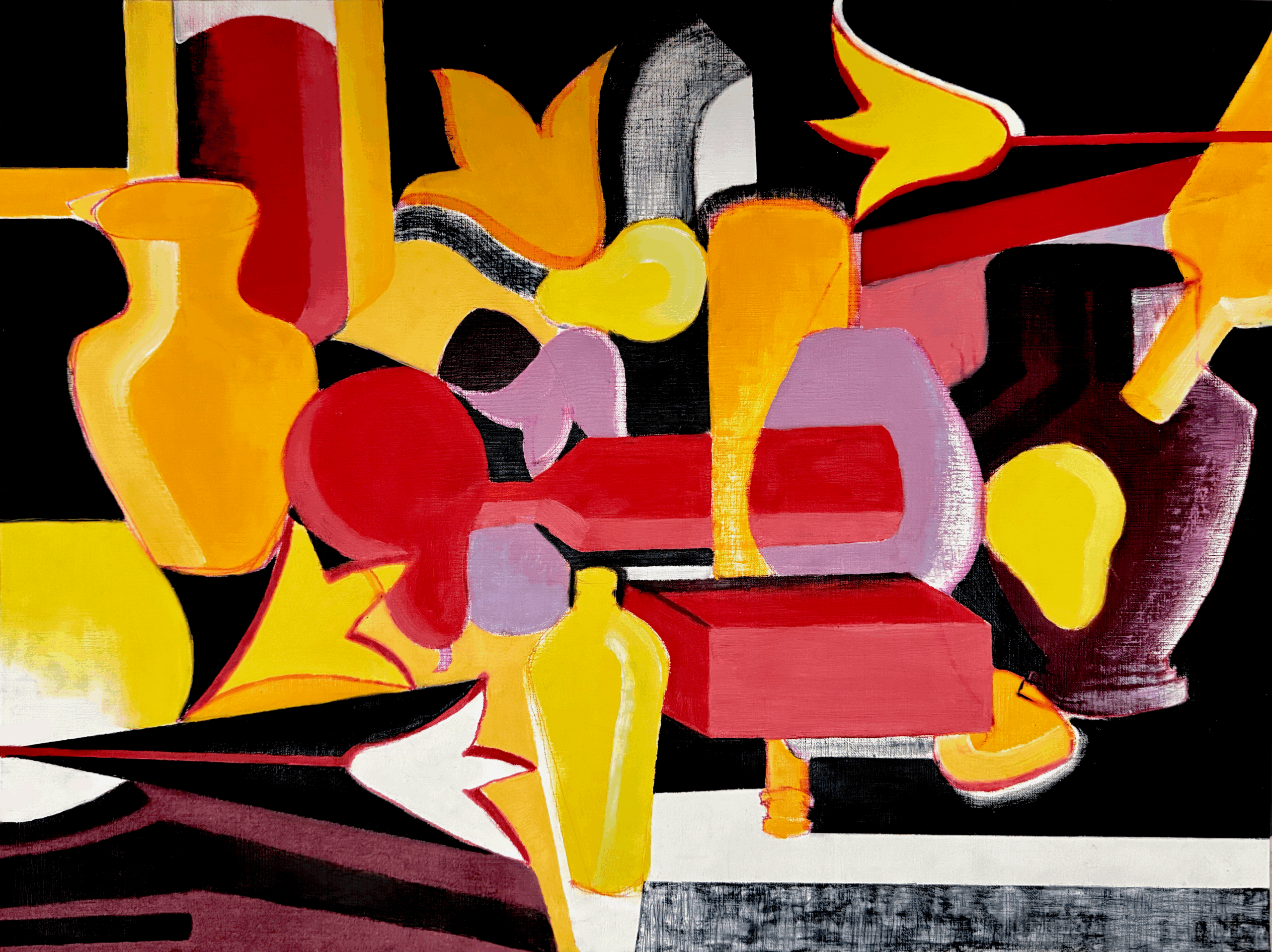 A bold abstract painting with large overlapping geometric and organic shapes in red, yellow, pink, black, and white. The shapes resemble vases, bottles, and blocky forms that intersect in a compressed still-life arrangement. Strong black areas provide contrast, while thick outlines accentuate the separation between brightly colored forms. The composition is energetic and graphic.