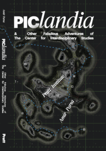 A dark map-like graphic featuring an abstract representation of landforms with contour lines. The words “PIClandia,” “Pratt Institute,” and “Amir Parsa” are prominently displayed in white. There are blue dashed lines and red dotted lines traversing through the image, suggesting pathways or connections. The background includes a green grid pattern with coordinates marked. The design combines a modern aesthetic with an academic theme.