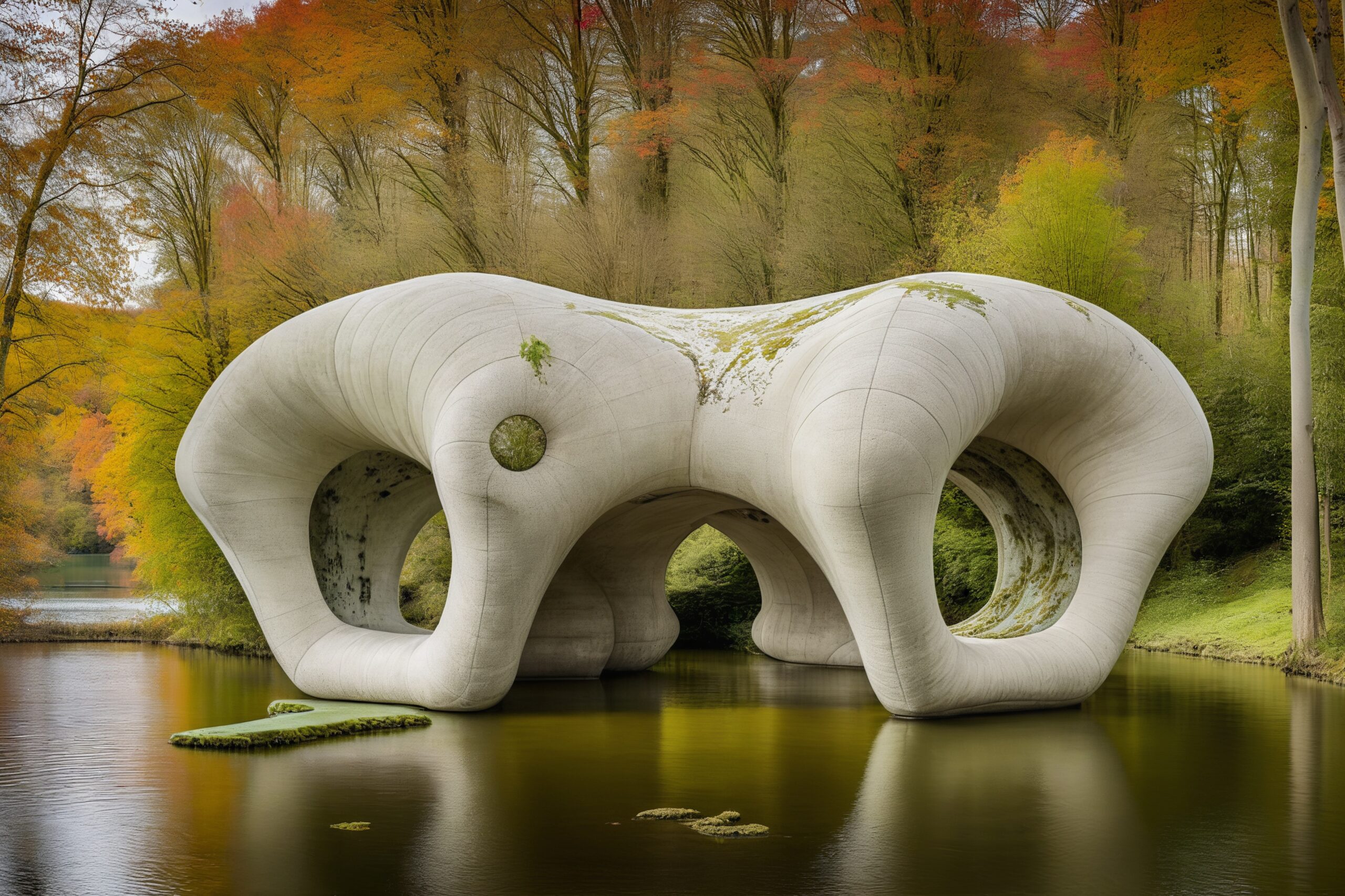 An AI-generated image of a cavernous, inflatable concrete structure over a lake surrounded by fall foliage.