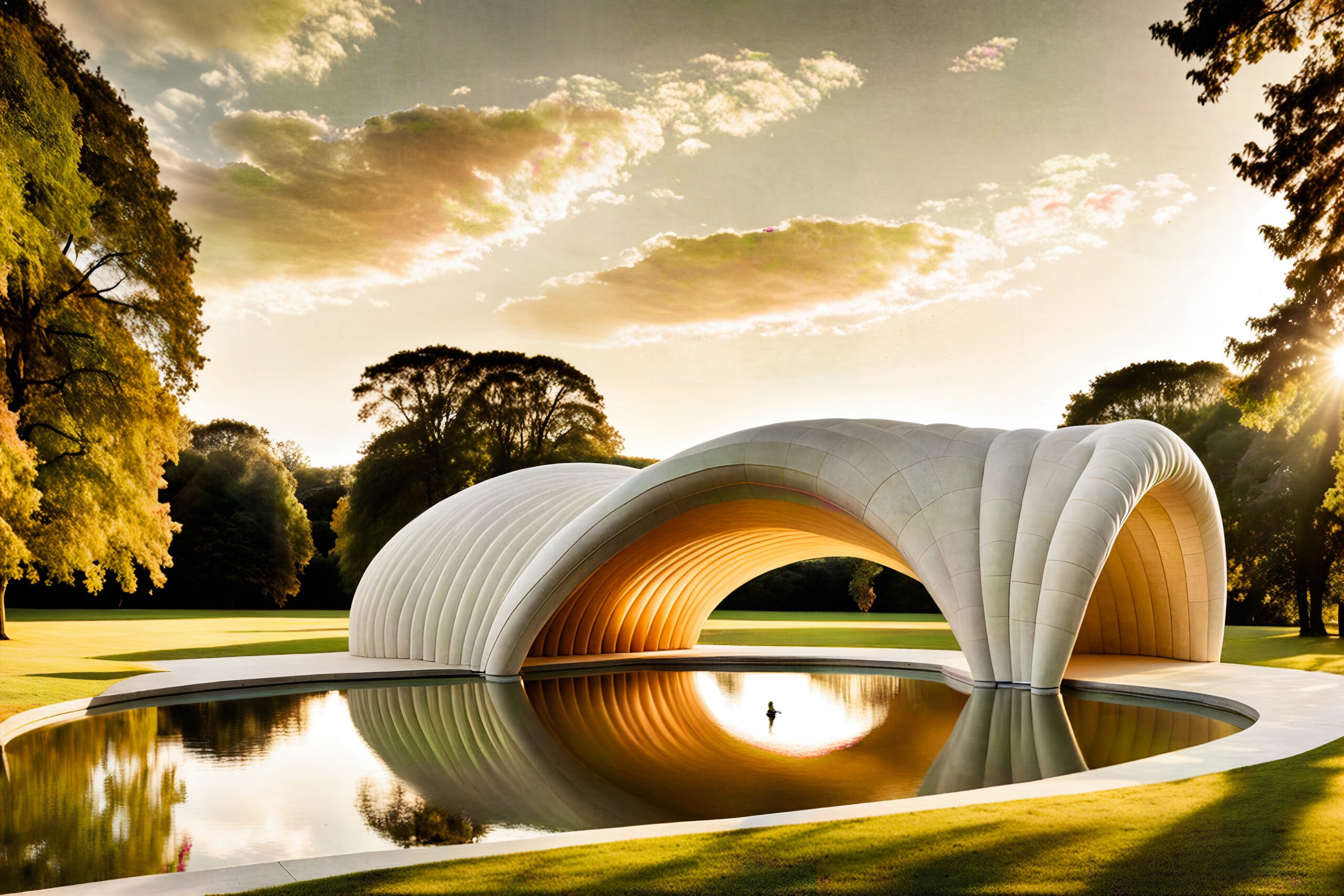 An AI-generated image of an inflatable concrete structure made of ribbed tubes over a manmade pond surrounded by trees.