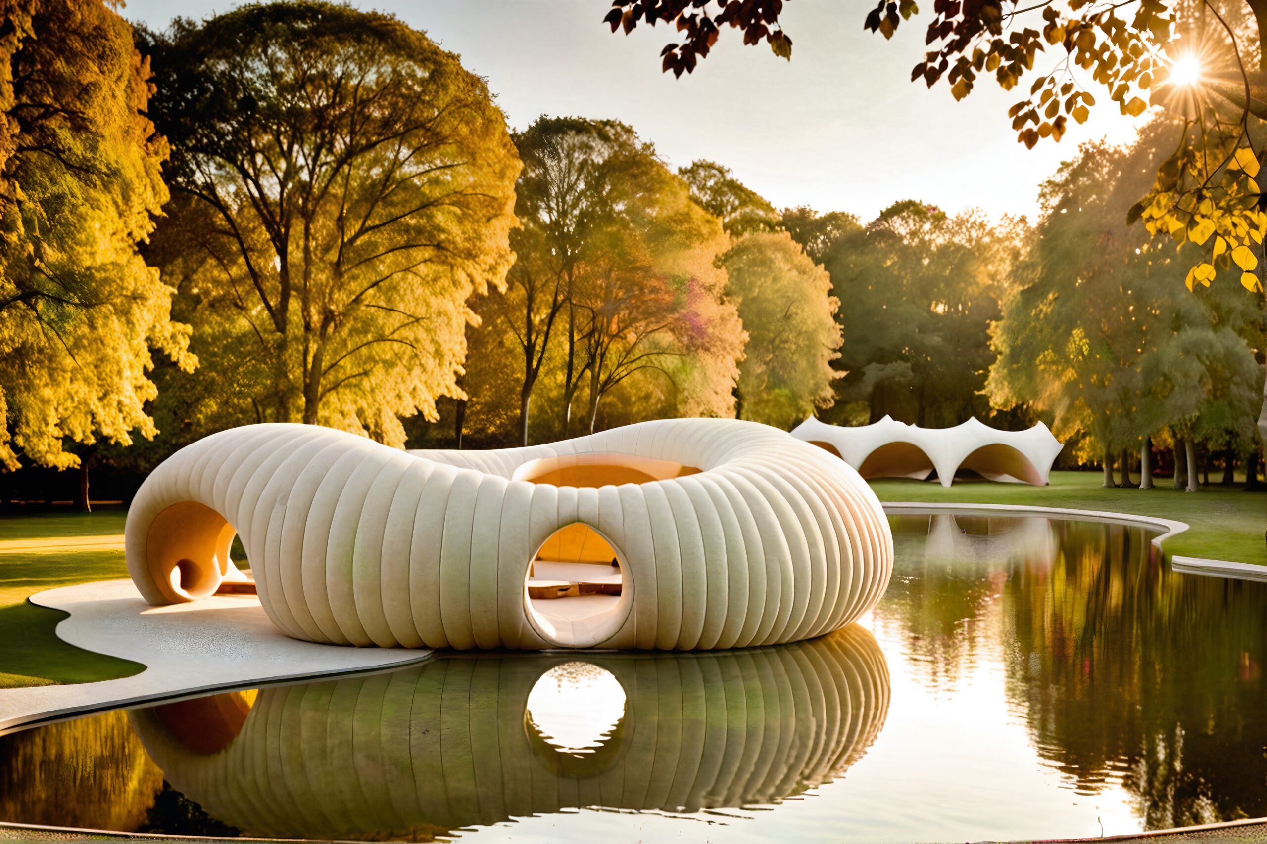 An AI-generated image of an round inflatable concrete structure made of ribbed tubes on a platform beside a manmade pond.