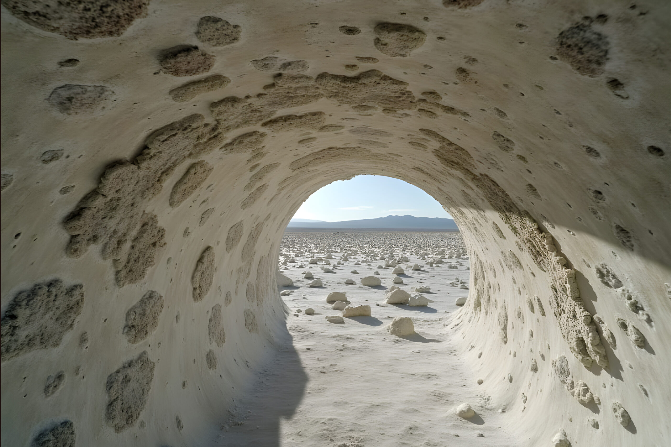An AI-generated image of a cylindrical cavern leading out to a desert landscape with white rocks and mountains.