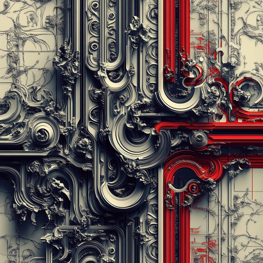 An AI-generated image of layers of grey and bright red moulding.