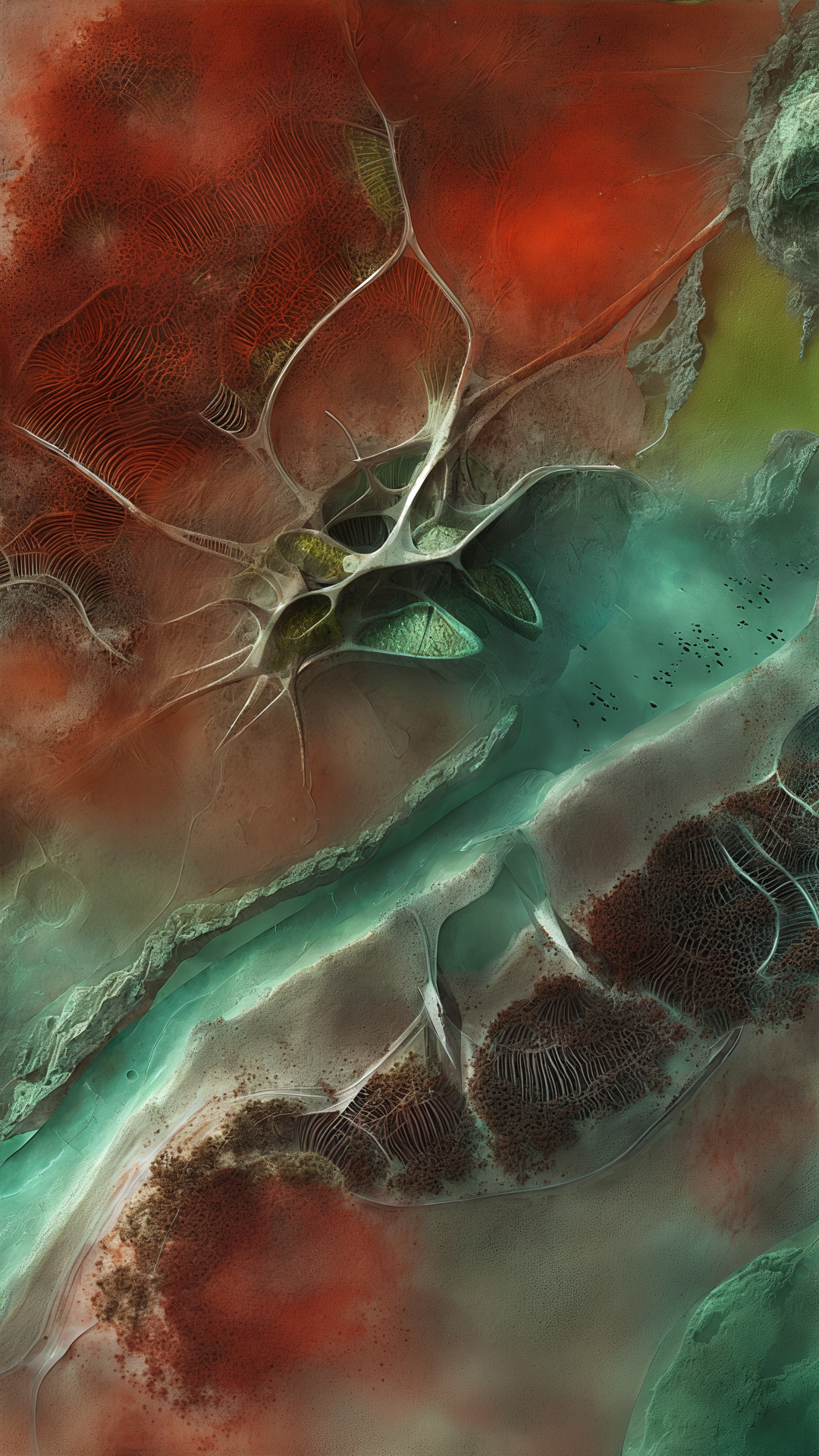 An AI-generated image of red, brown, and teal landscape with white branches leading to clusters of patterns.