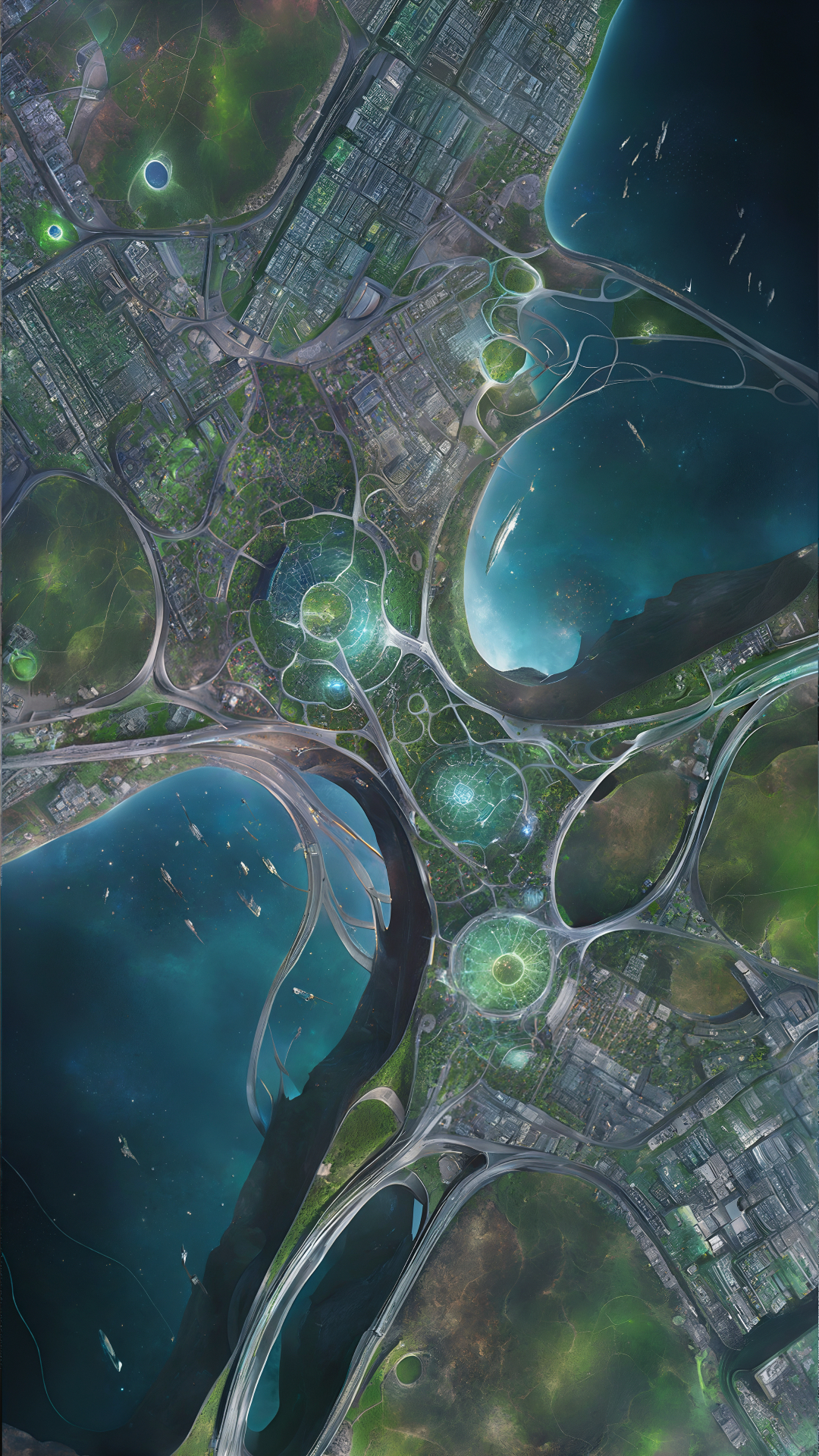 An AI-generated image of two futuristic connected landmasses with water on either side.