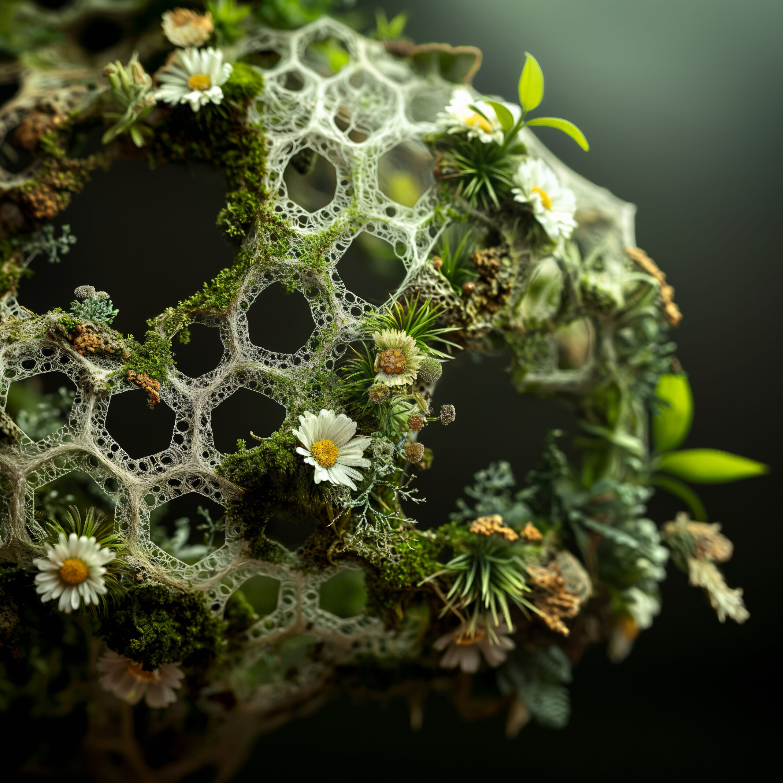 An AI-generated image of flowers and moss forming on a green honeycombed object.
