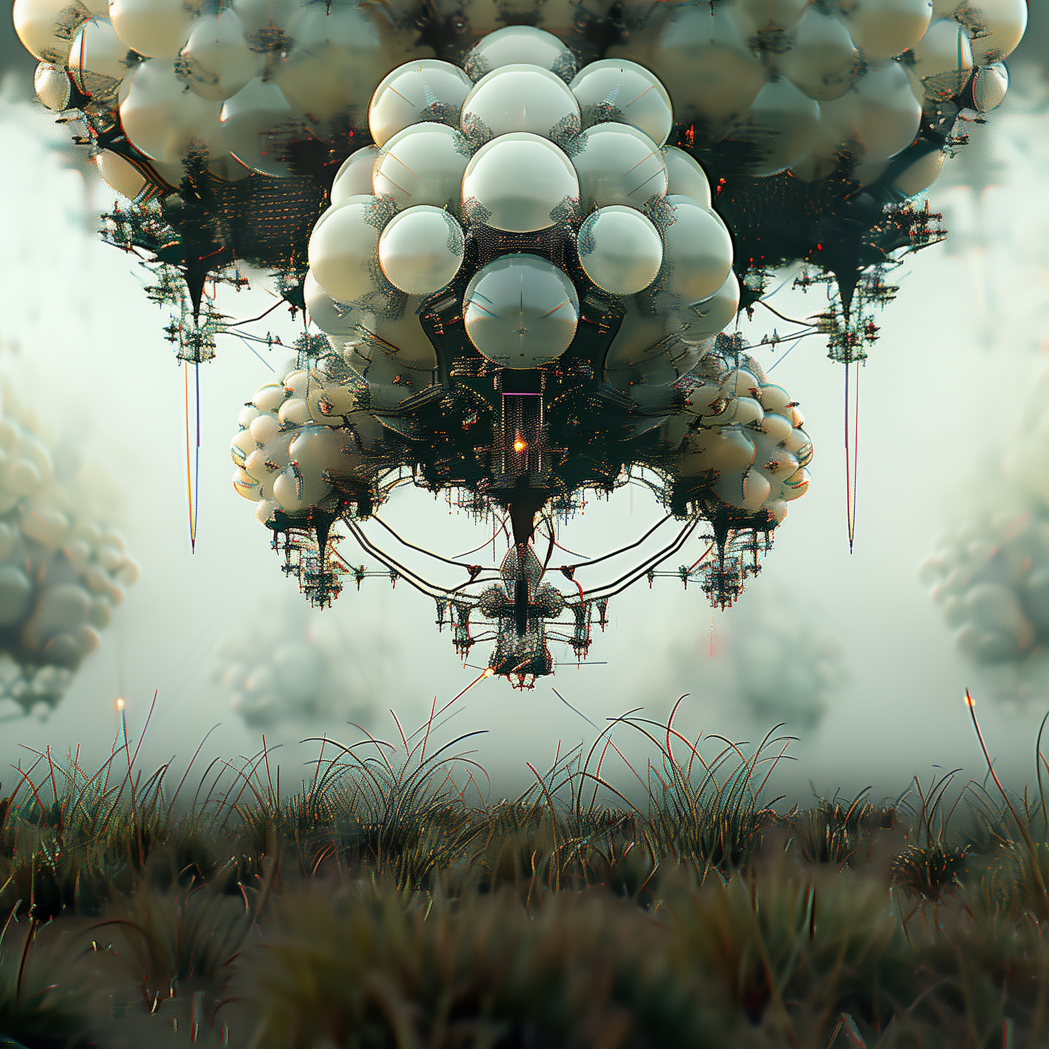 An AI-generated image of clusters of translucent spheres suspended above a grassy landscape.