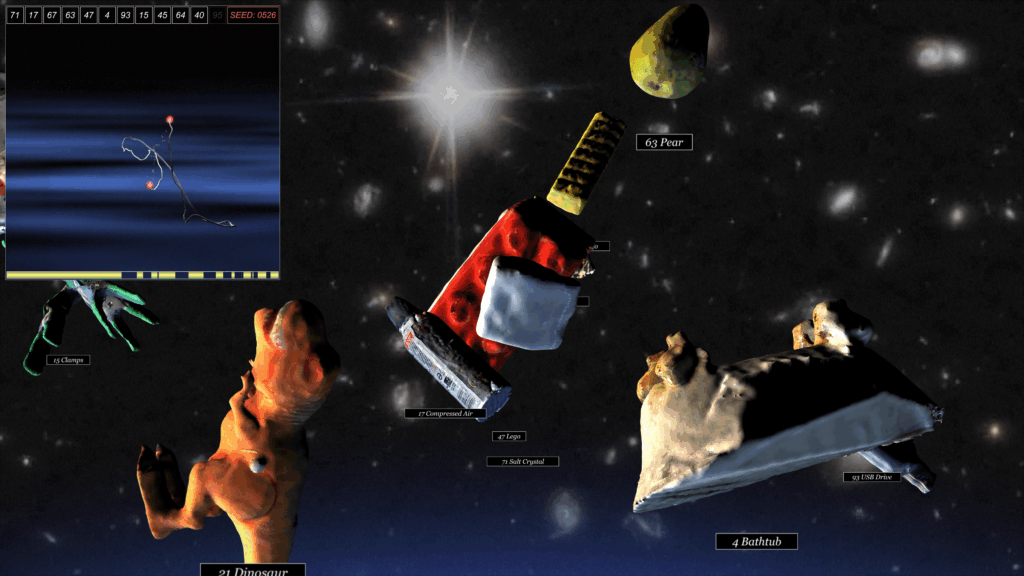 In a digital rendering of outer space, lumpy versions of an orange plastic dinosaur, a compressed air bottle, a pear, a bathtub, and a USB drive careen through the cosmos.