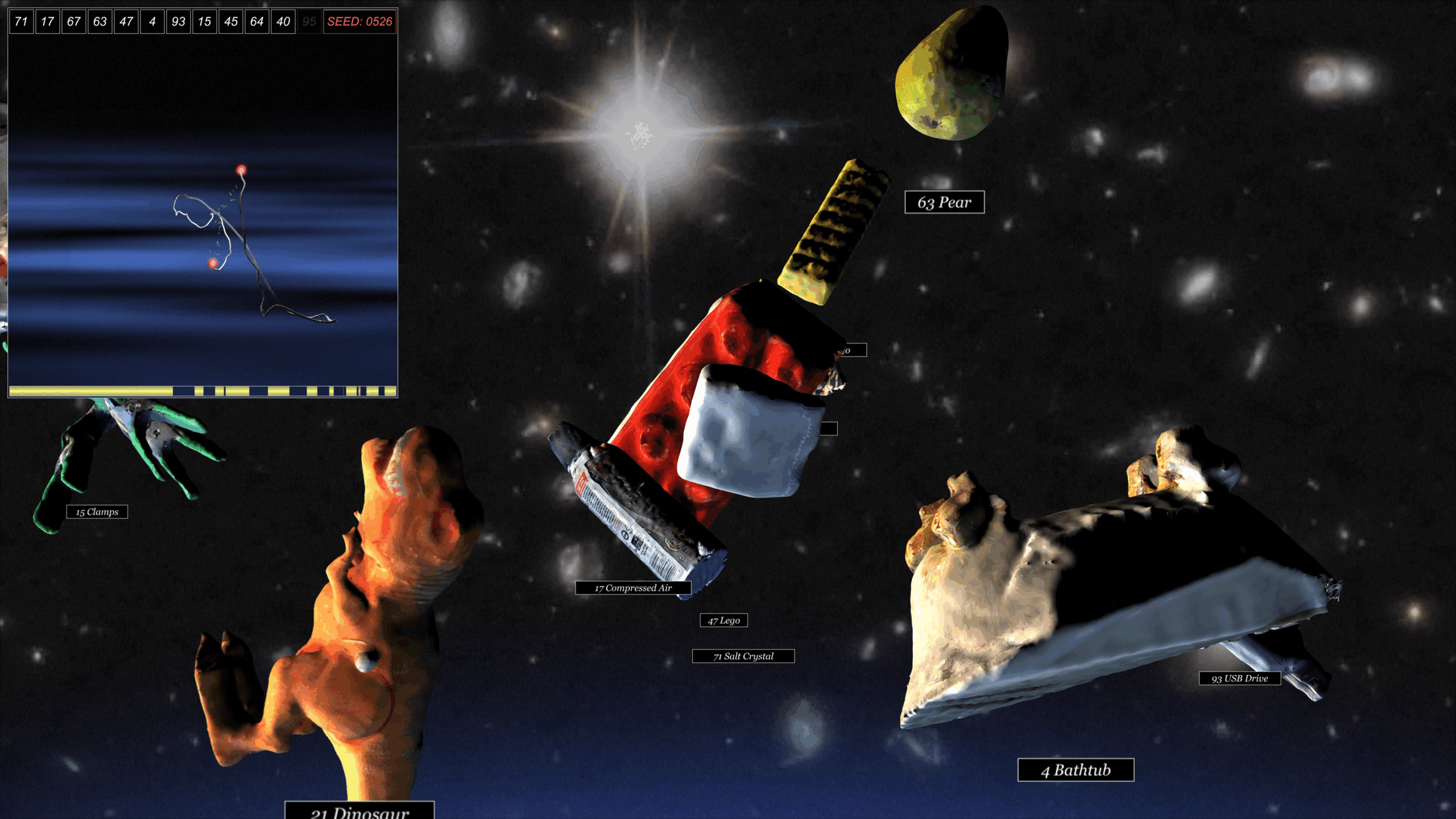 In a digital rendering of outer space, lumpy versions of an orange plastic dinosaur, a compressed air bottle, a pear, a bathtub, and a USB drive careen through the cosmos.
