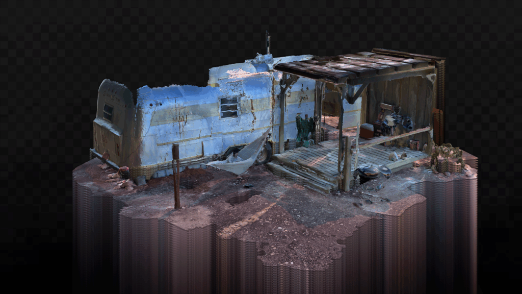 In a digital rendering, on top of a pillar of red rock surrounded by a black checkered void stands the burned out ruins of a silver trailer and an adjacent lean-to shelter. In front of the trailer, a human figure lounges in a hammock.