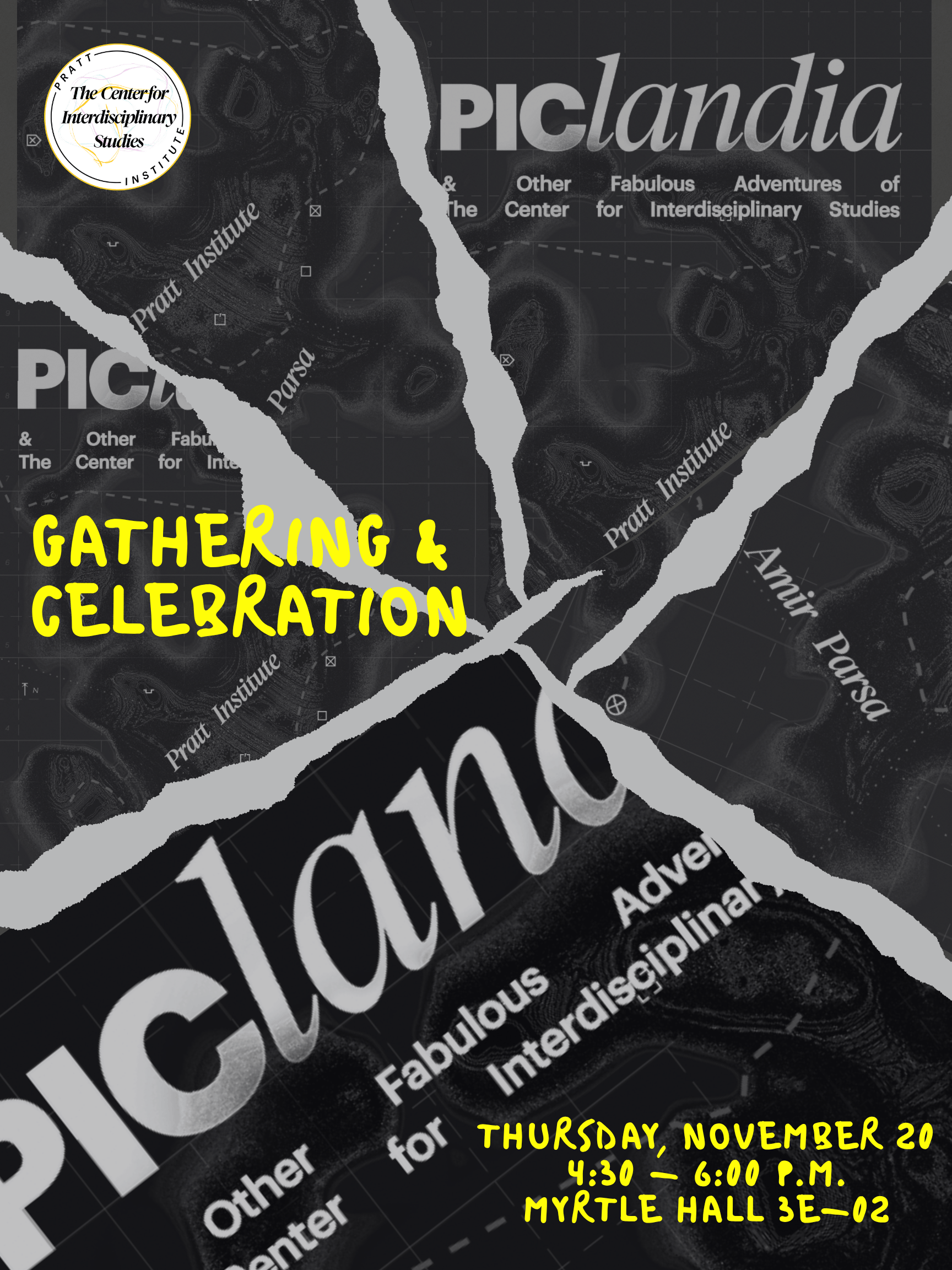 Fractured black and white images with the words 