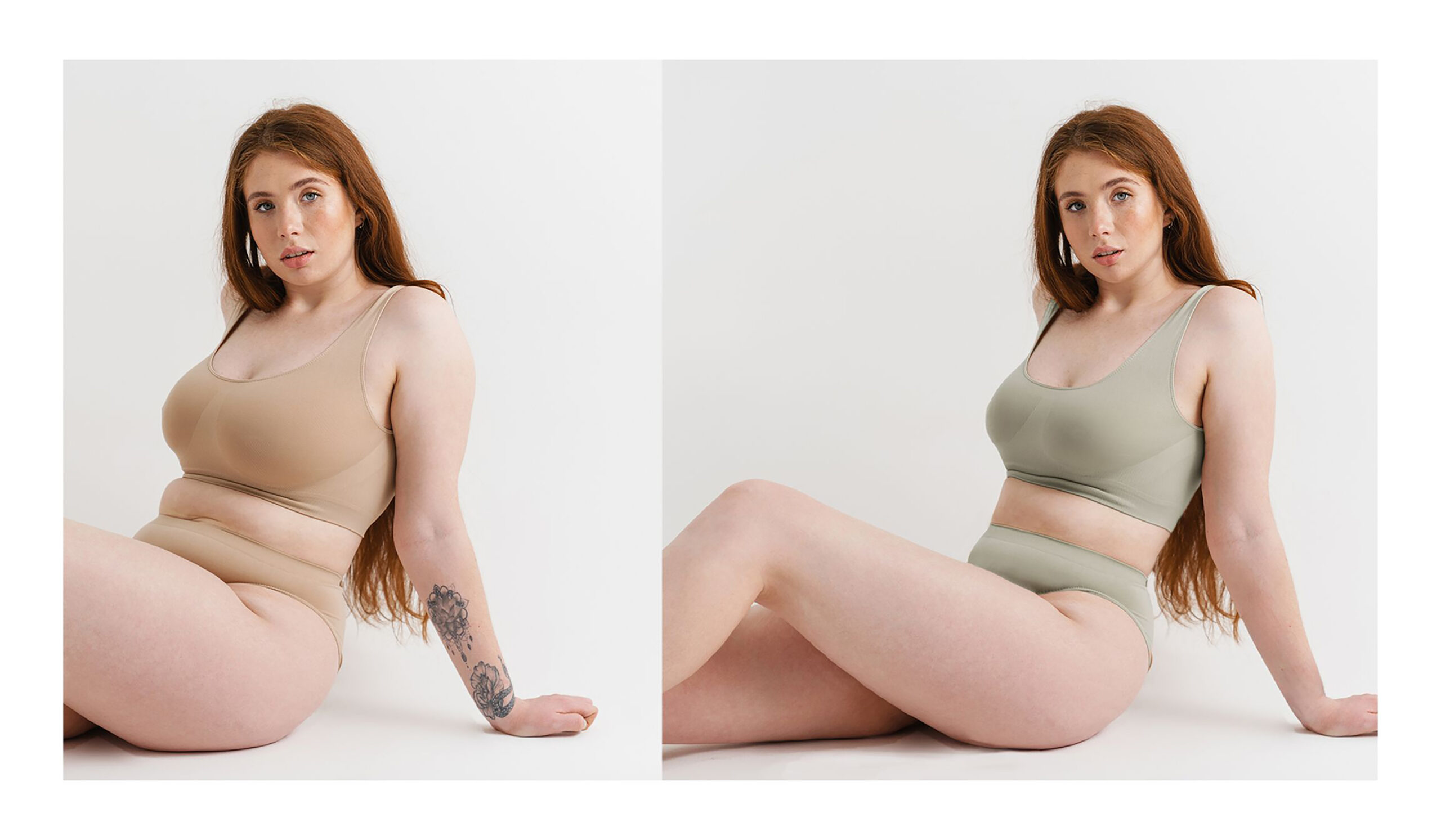 Side-by-side studio photographs of the same woman with long red hair seated on the floor against a white backdrop. She wears neutral-toned undergarments in both images. The left image shows her in a beige set, leaning slightly back with her left arm supporting her. The right image shows her in a light-sage set, in a similar pose but with subtle retouching that smooths her skin and alters body contours. Both portray calm expressions and relaxed posture.