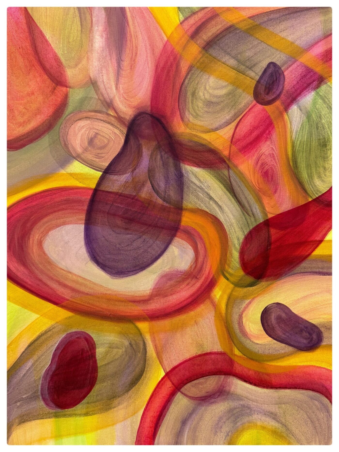 An abstract painting filled with swirling, overlapping translucent forms in warm colors including red, orange, yellow, and purple. The shapes resemble soft, fluid ovals and curved ribbons layered atop one another. Visible brush textures create a sense of motion and blending, while the composition remains non-representational, focusing on color harmony and organic flow.