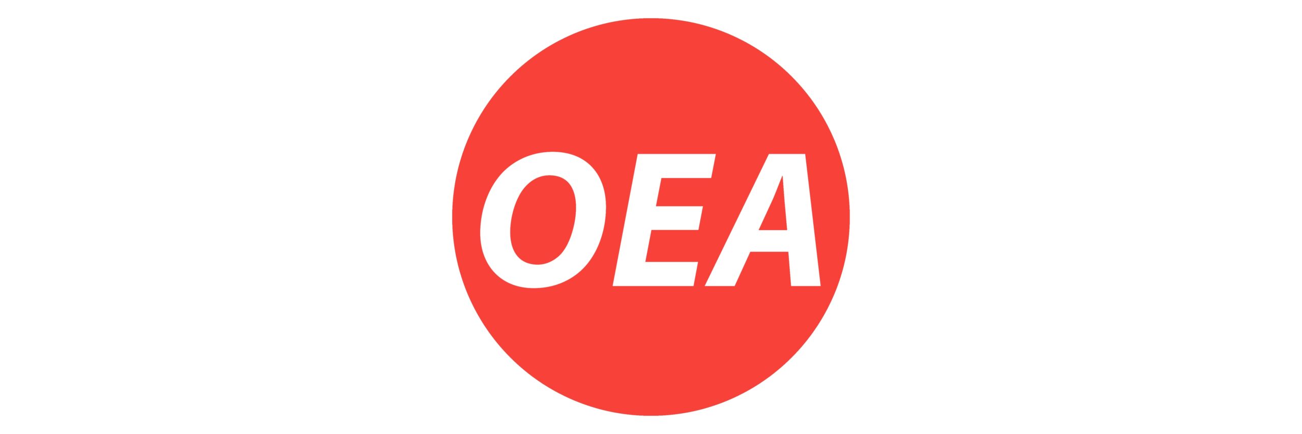 A circular logo featuring a bright red background with the letters "OEA" in bold white font positioned centrally.