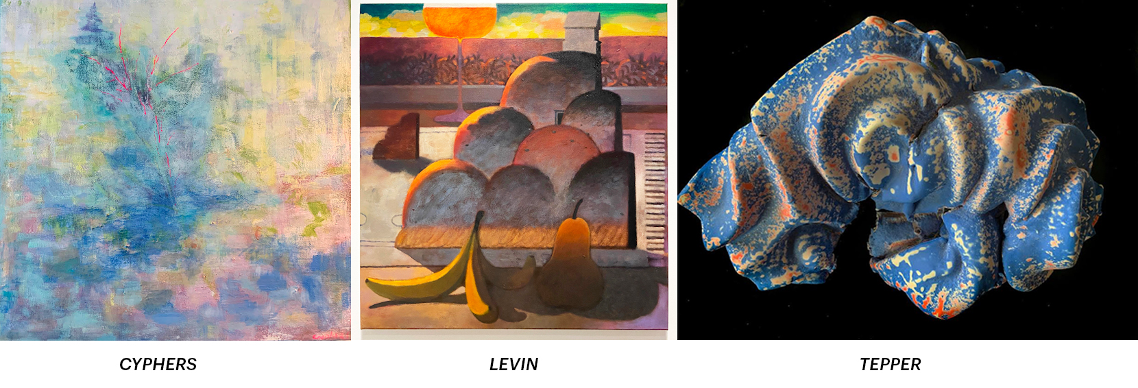 Three artworks are displayed side by side. On the left, an abstract piece with light, blended colors and soft brushstrokes, hinting at a nature theme. The middle artwork features a stylized still life with curved shapes, a banana, and a pear, complemented by a glass and bright background. On the right, a textured blue and orange sculptural piece appears to have swirling forms against a black background. Each piece is labeled with the artist's name below.