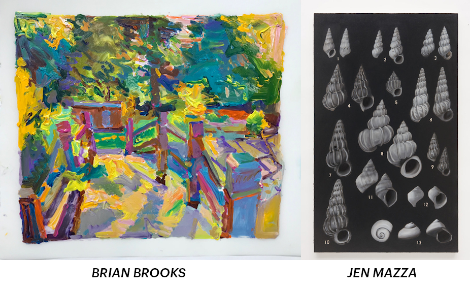 A vibrant, colorful painting on the left features abstract representations of trees, paths, and benches. The artist's brushstrokes are thick and expressive, capturing light and greenery. On the right, a monochromatic illustration displays various types of seashells, arranged in numbered rows on a dark background, emphasizing their shapes and textures.