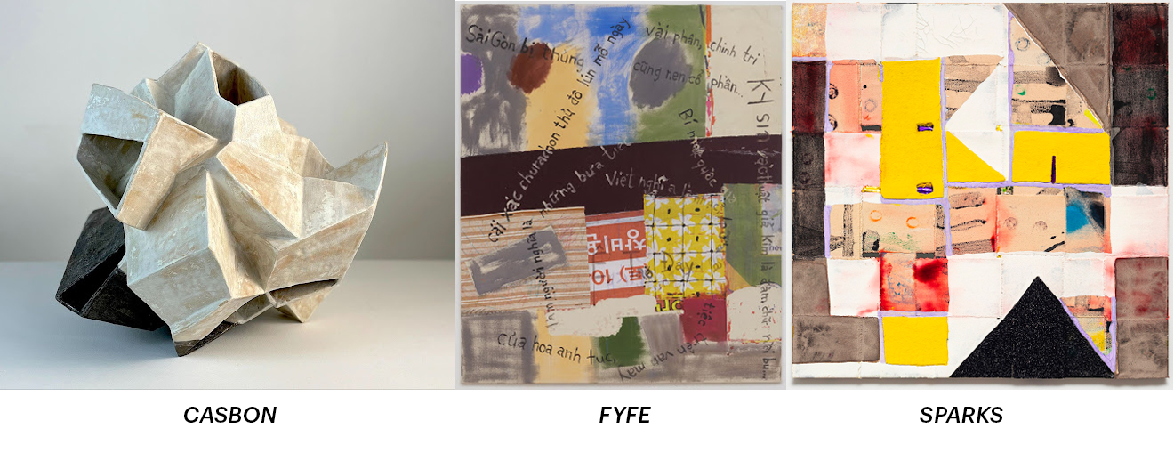 A three-part image featuring three artworks side by side. On the left, a sculptural piece titled "CASBON," characterized by angular, interlocking shapes in light and dark colors. In the middle, "FYFE," an abstract painting with a blend of colors and textures, incorporating text in different languages. On the right, "SPARKS," a colorful arrangement of rectangular and triangular shapes in various colors, showing a patchwork-like design.