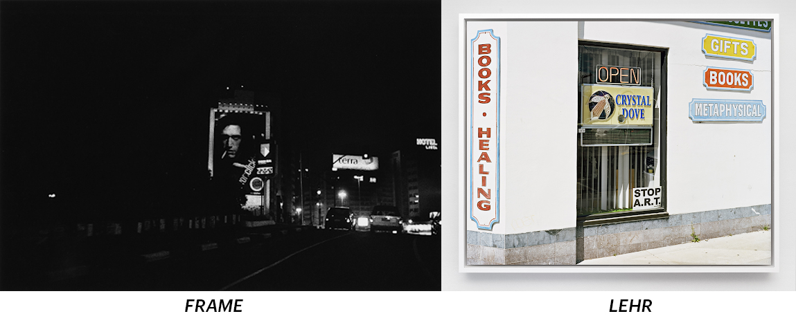 A black and white image of a nighttime street scene featuring illuminated billboards, with one prominently showcasing a person's face. Adjacent to it, a colorful storefront displays various signs, including "OPEN," "CRYSTAL DOVE," "BOOKS," "GIFTS," and "METAPHYSICAL," along with a "STOP A.R.T." sign. The storefront has large glass windows and is situated at the corner of a building, contrasting the darker tones of the street image.