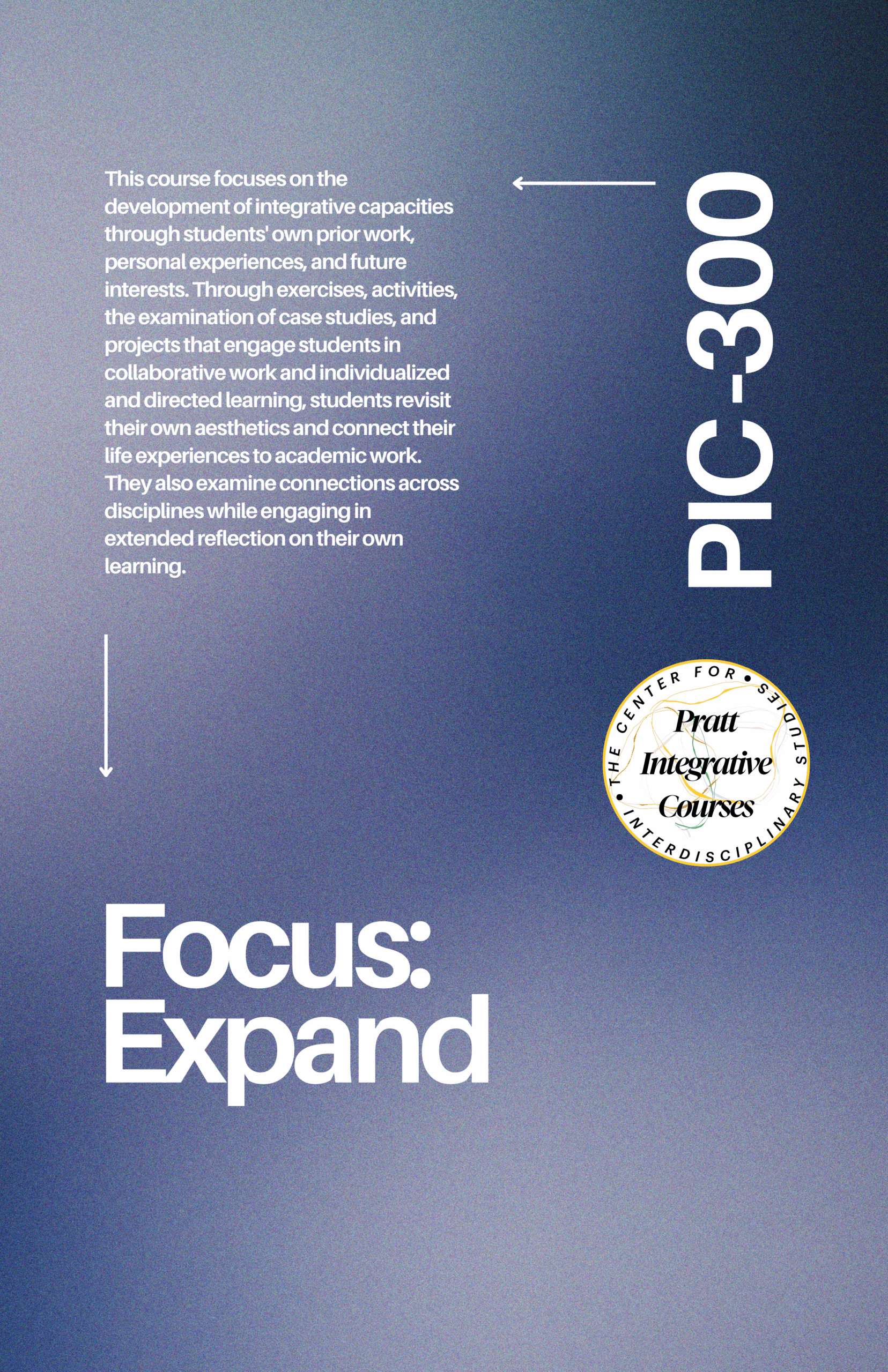 A text-filled image outlining a course titled "PIC-300." The course emphasizes developing integrative capacities through personal experiences and interests. It includes collaborative projects, case studies, and individual learning, encouraging students to connect their life experiences with academic work and explore interdisciplinary connections. The phrase "Focus: Expand" is prominently displayed, along with a circular logo for the Pratt Integrative Courses center. The background has a gradient of blue tones.