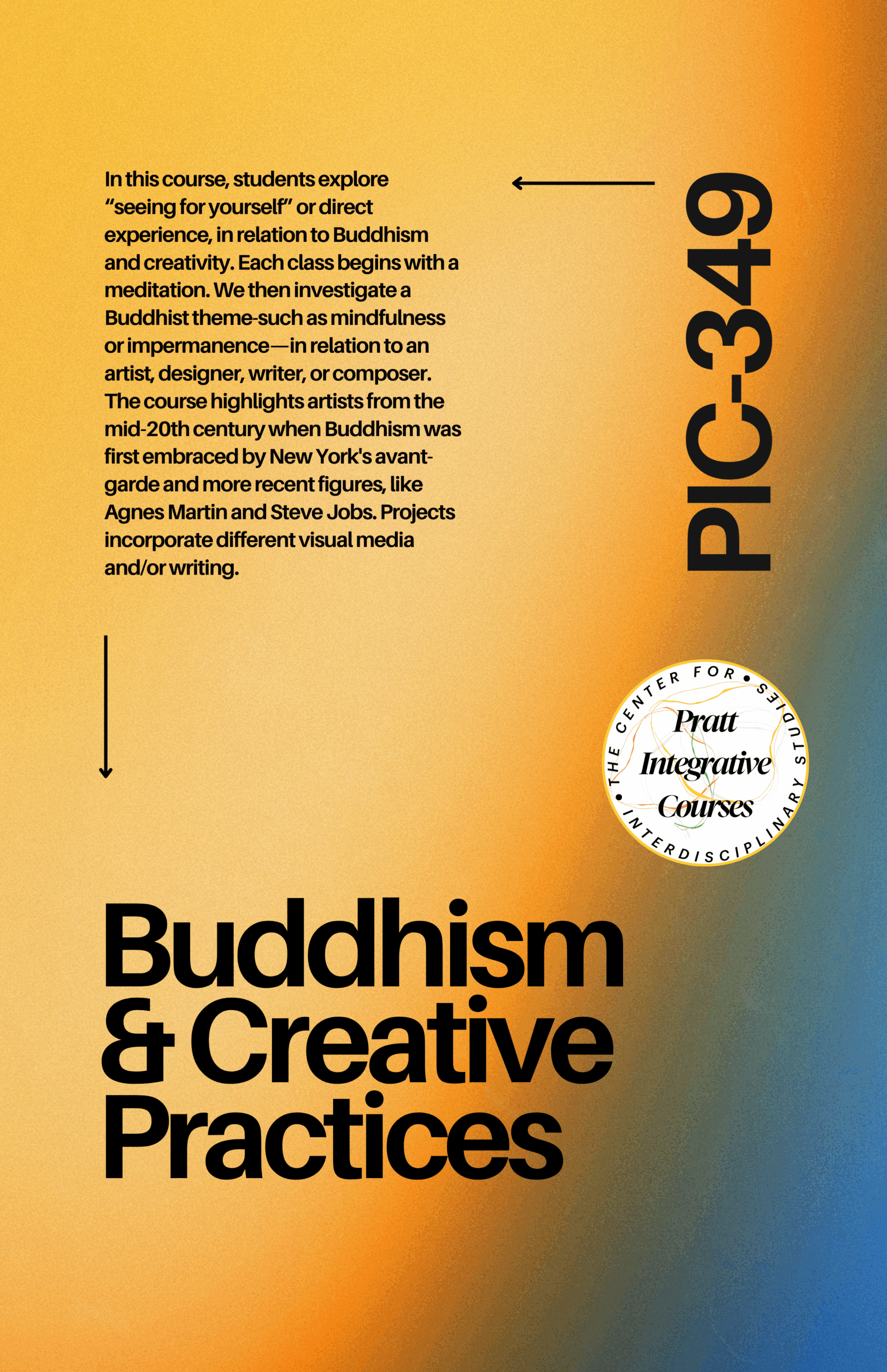 A gradient background transitions from orange to blue. Centered text reads "Buddhism & Creative Practices" in bold black font. Below, a course description outlines themes like mindfulness and impermanence, incorporating meditation and connections to artists from the mid-20th century. The course is part of Pratt's Integrative Courses, depicted in a circular logo at the bottom right. The course code "PIC-349" is displayed in large black font on the right. An arrow points to the left and down.