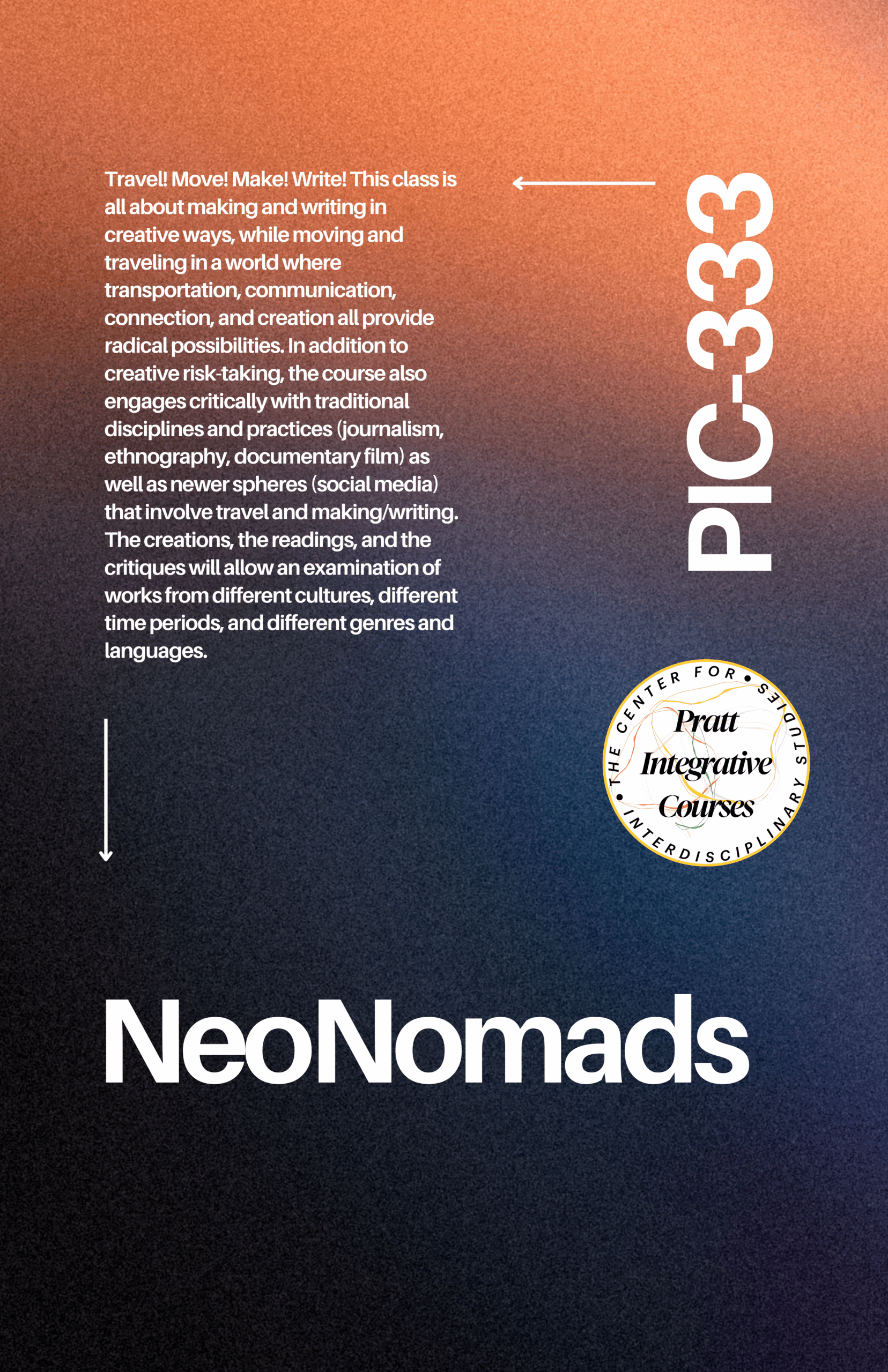 A gradient background transitions from orange to dark blue. Text on the left describes a class titled "NeoNomads," which focuses on creative writing and making while traveling, exploring various disciplines like journalism and social media. It emphasizes critical engagement with different cultures and forms of media. The course identifier "PIC-333" is prominently displayed in a large font, along with an emblem for the Pratt Integrative Courses.