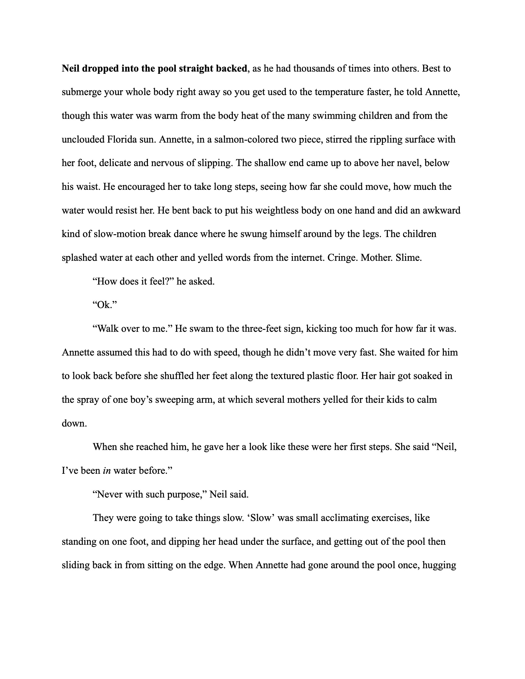 A printed book page featuring a block of literary prose set in a serif typeface on a white background, describing a scene at a swimming pool involving two adults and children, with paragraph breaks and dialogue laid out in a clean, minimalist page design.