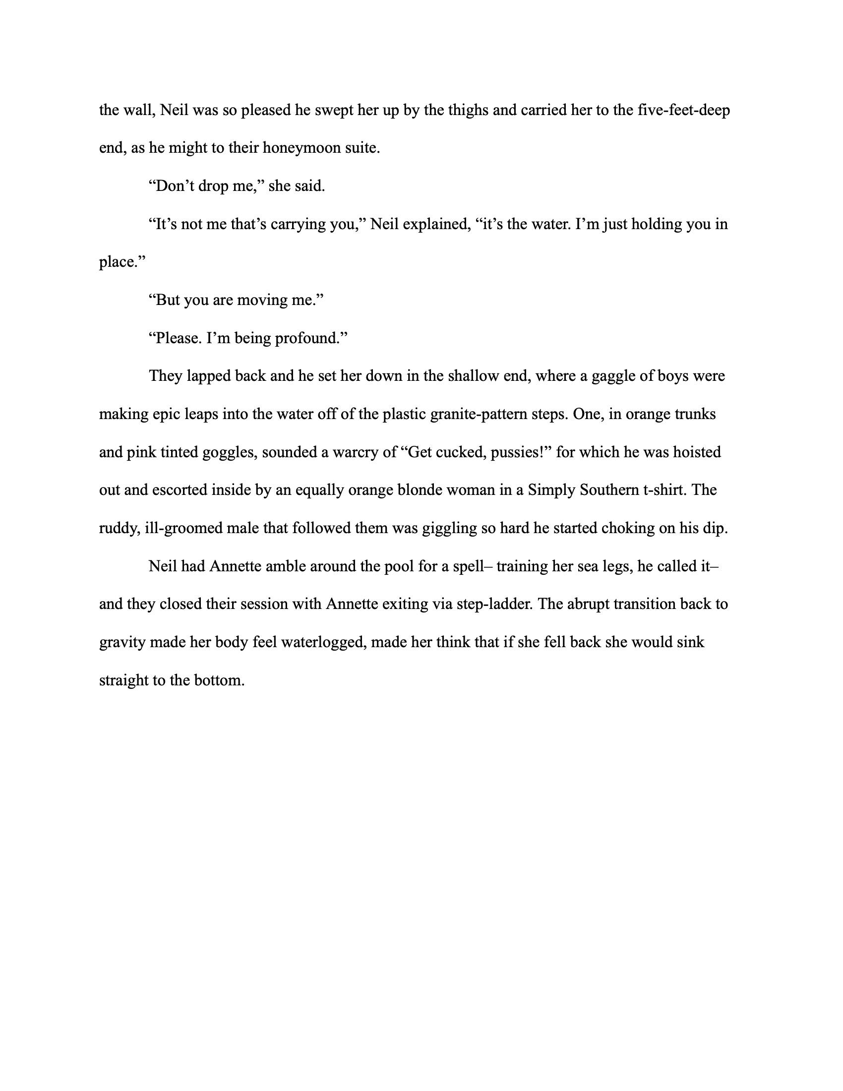 A second printed book page continuing the short story, showing dense paragraphs of text and dialogue about a swimming lesson and poolside interactions, presented in a traditional novel layout with wide margins and black text on white paper.
