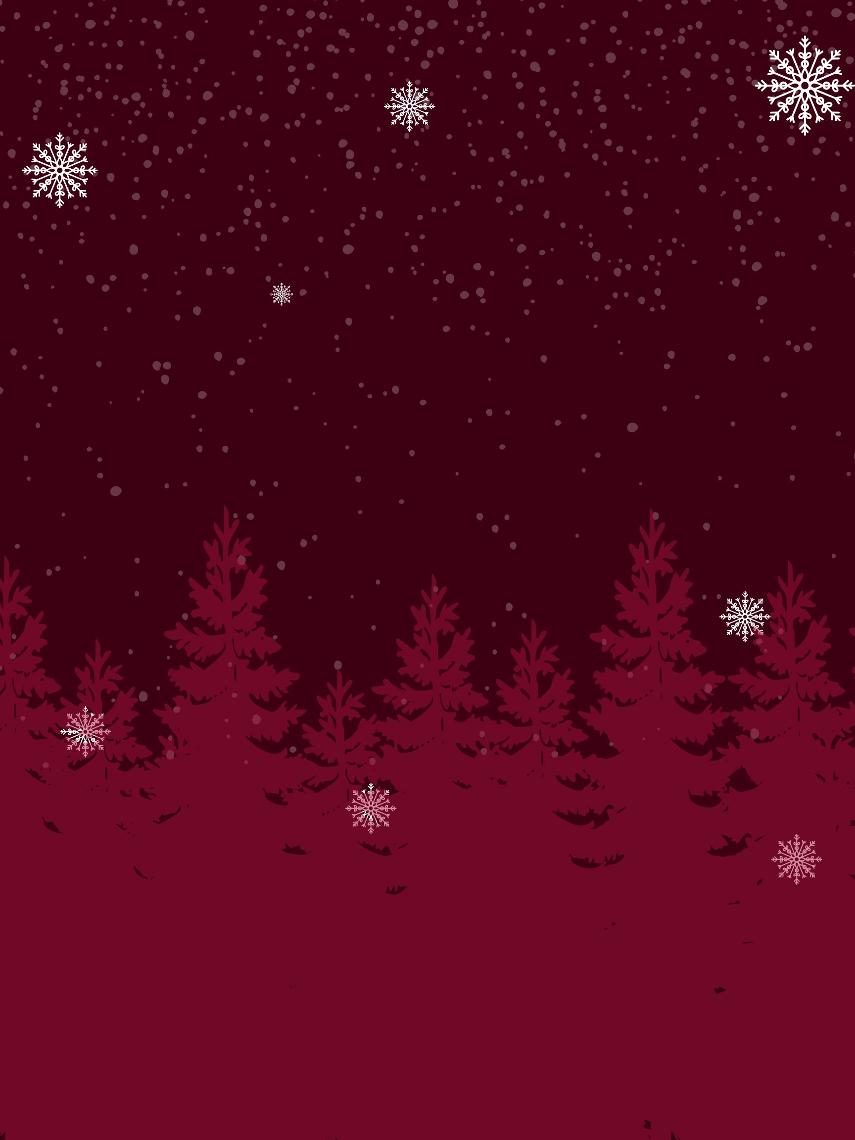 Illustrated winter scene on a deep maroon background showing a row of dark evergreen trees along the bottom and softly falling snow. Small round snow dots fill the sky, and several ornate white snowflakes of different sizes are scattered near the top and sides. The lower center of the image is mostly empty, creating space for event text or other graphics.