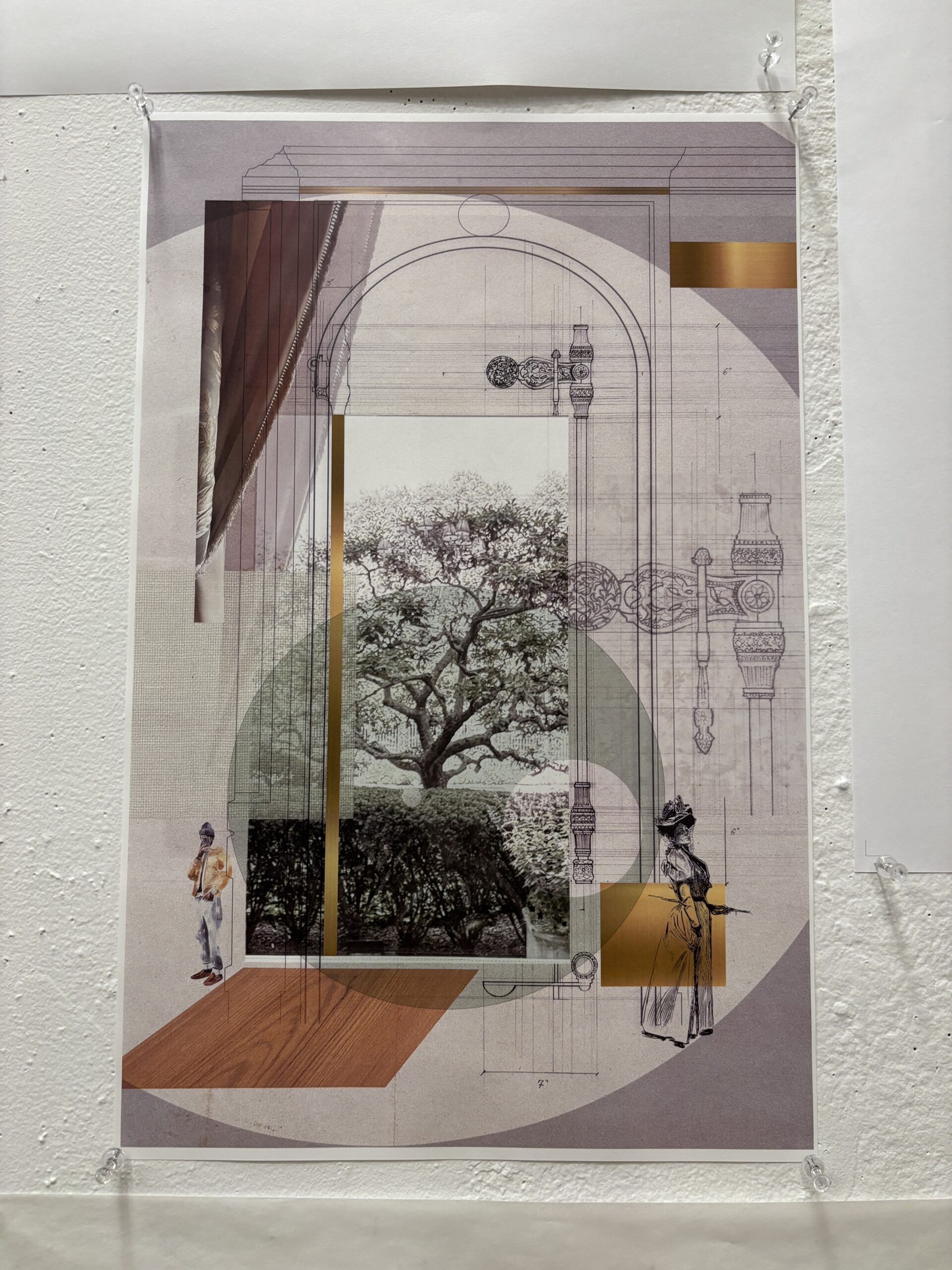 A mixed media artwork featuring a large archway with a tree visible through it. There are overlayed geometric shapes and illustrations of two figures, one on the left wearing a yellow jacket and another on the right dressed in vintage attire. The composition uses muted colors with elements like curtains, architectural details, and botanical imagery. The background has textured patterns and a wooden floor section visible.