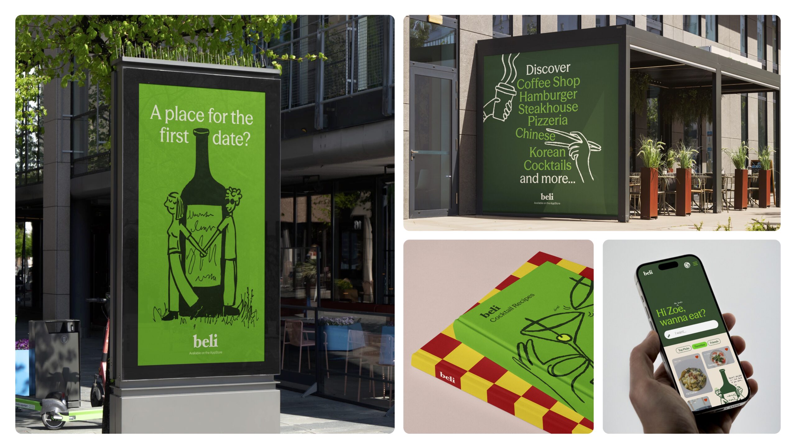A bright green outdoor advertisement promotes a place for first dates, featuring a simplistic sketch of a couple holding hands in front of a wine bottle. Nearby, a large sign invites visitors to discover various dining options like coffee shops, hamburgers, steakhouses, pizzerias, and more. In the corner, a colorful cocktail recipe book is shown, along with a smartphone displaying the app interface that greets the user and suggests food choices.