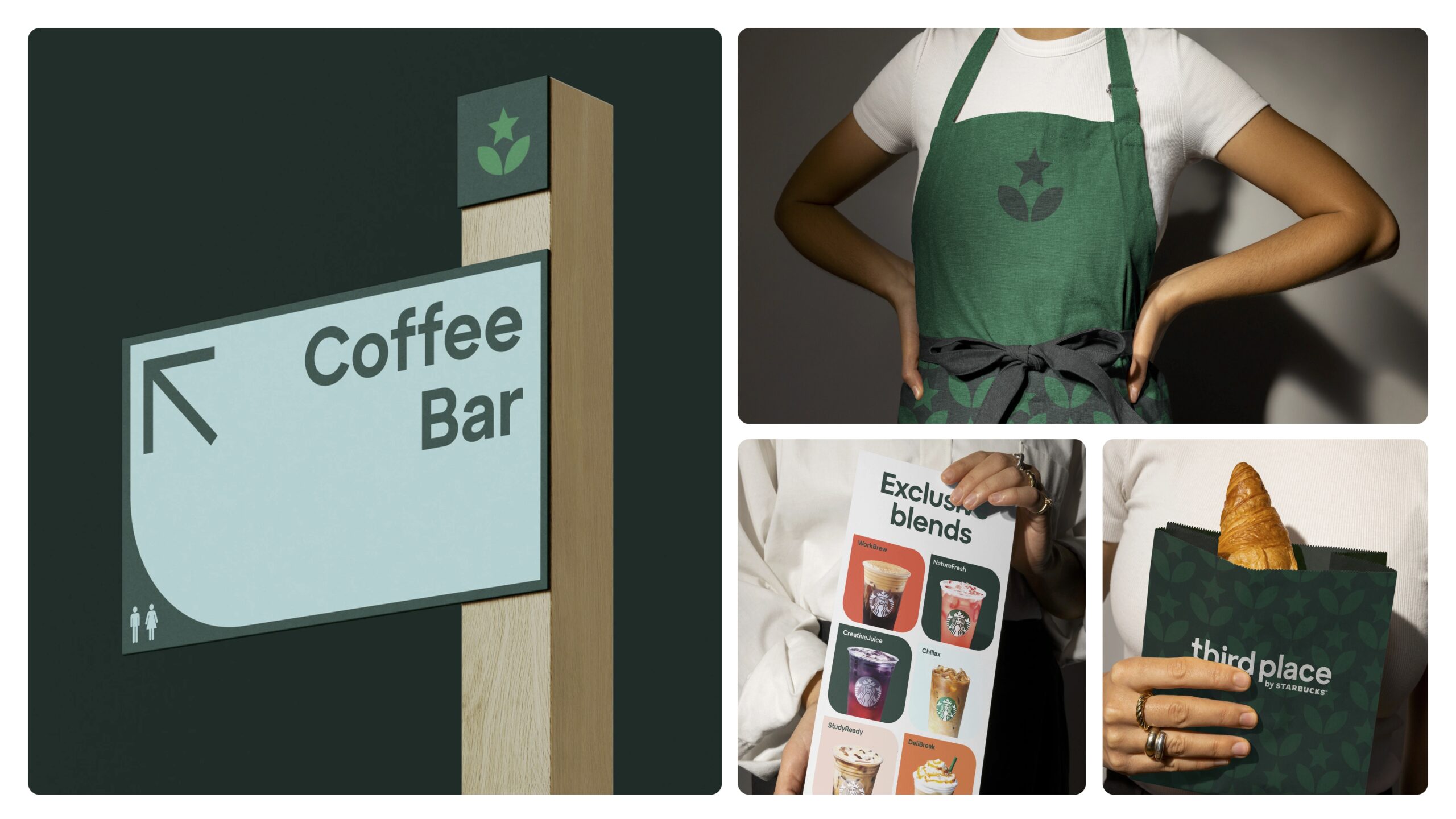 A wooden directional sign points left, indicating "Coffee Bar." An individual in a green apron stands holding a menu featuring exclusive drink blends with colorful images. In another image, the person holds a green wrap with a croissant peeking out, labeled "third place by Starbucks"; The overall color scheme is dark with green accents.