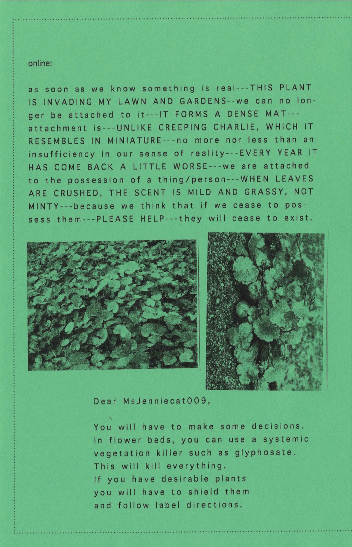Green-toned printed page with dense typewritten text discussing invasive plants, attachment, and control, accompanied by two small grainy black-and-white photographs of ground-cover plants embedded within the page layout.