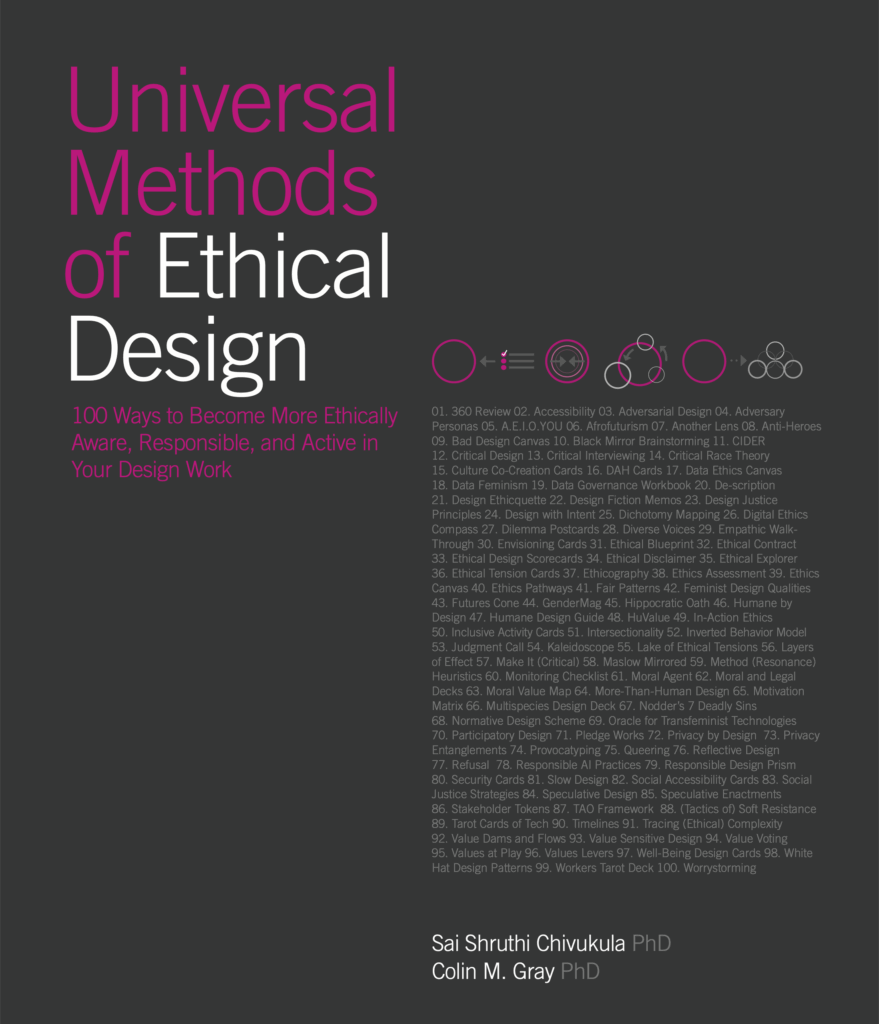 Pink and white cover text of “Universal Methods of Ethical Design: 100 Ways to Become More Ethically Aware, Responsible, and Active in Your Design Work” is placed over a dark gray background.