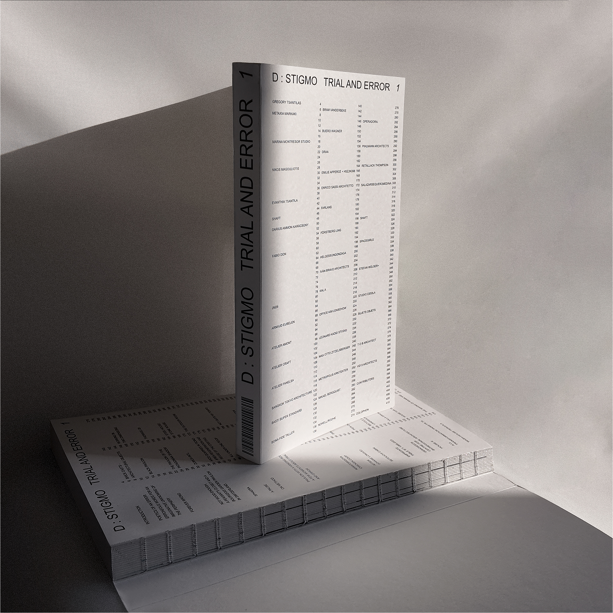 A photograph of a physical copy of “D: Stigmo Trial and Error 1” is placed standing atop another copy of the book without its spine.