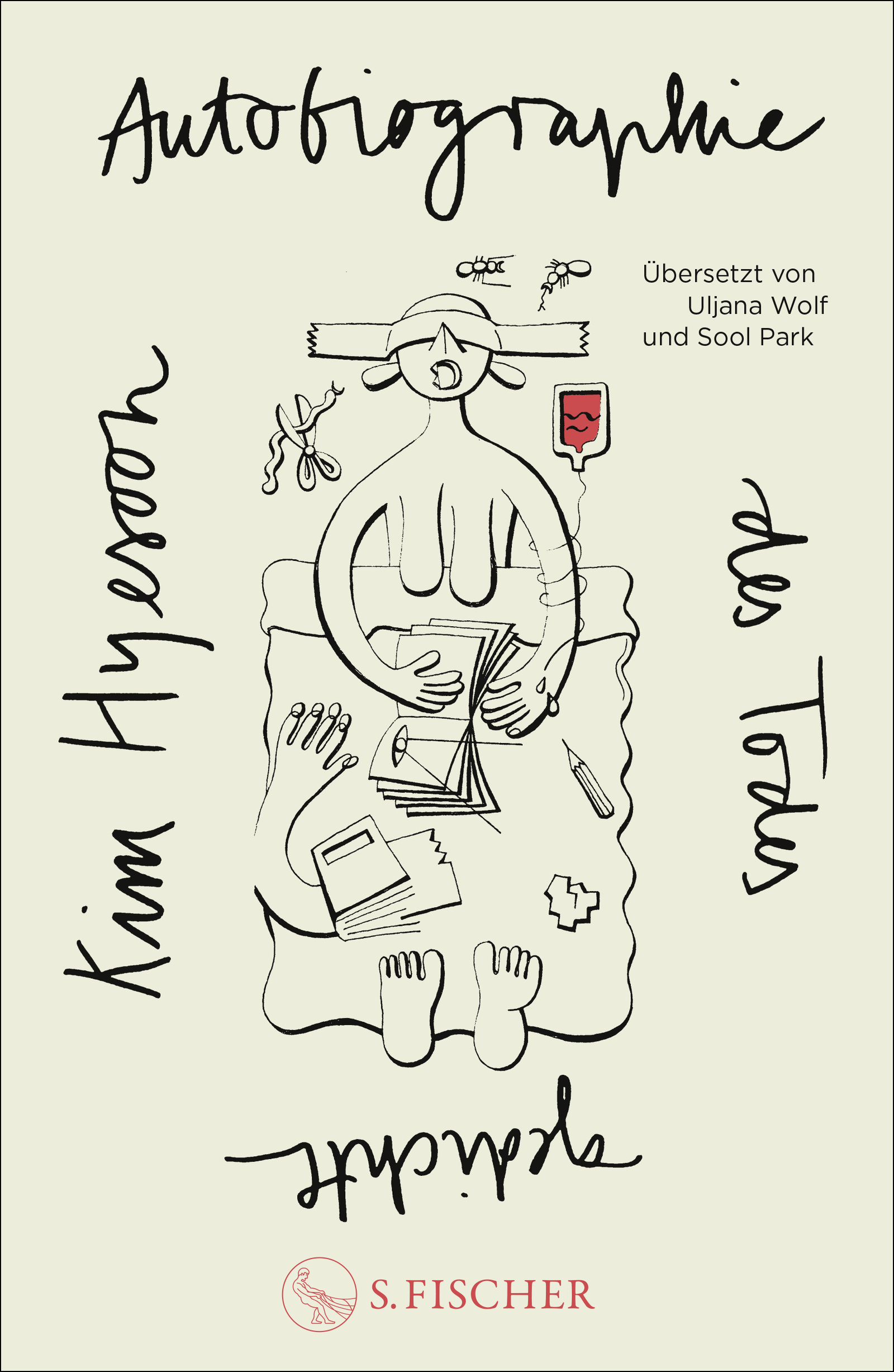 xThe cover of “Autobiographie of Death” depicts a drawing of a reclined figure with tape over their eyes, a wide open mouth, and pendulous breasts and various objects, including a pencil, a book with a depiction of an eye, and an arm coming out from a book, on their bed. An IV with red fluid winds around their arms. Floating around the figure's head are a pair of scissors that seem to be cutting a worm and ant-like insects.