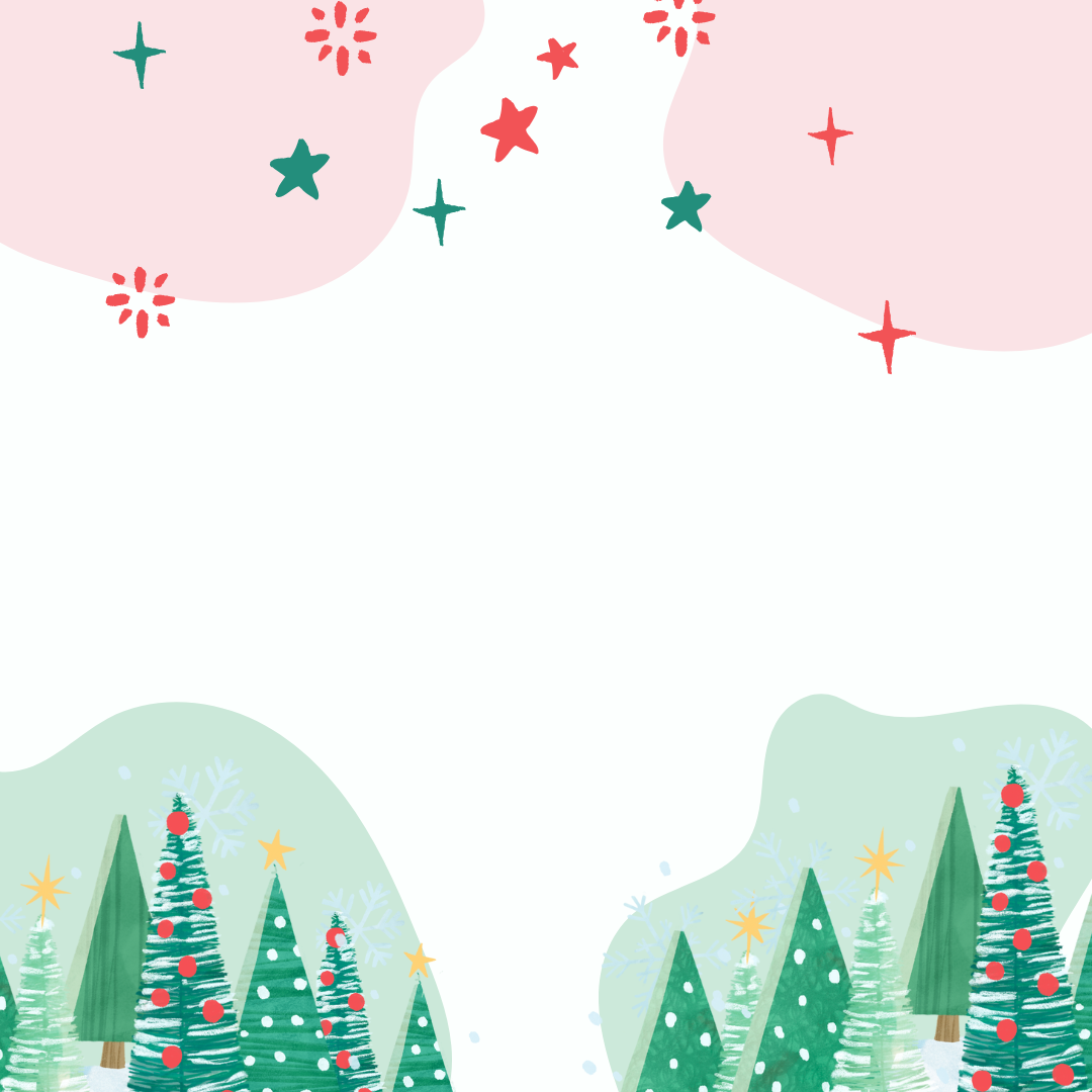 A festive illustration featuring a blank white space in the center, surrounded by colorful elements. The top has soft pink and green clouds with stars in red, green, and yellow. The bottom showcases various green Christmas trees, some adorned with polka dots and stars, against a light background with subtle snowflakes.
